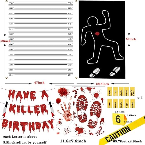 Miniatura 4 de Kit de decoración de escena del crimen de Halloween, cartel de cumpleaños con texto en inglés "Have a Killer", silueta corporal, cinta de escena del