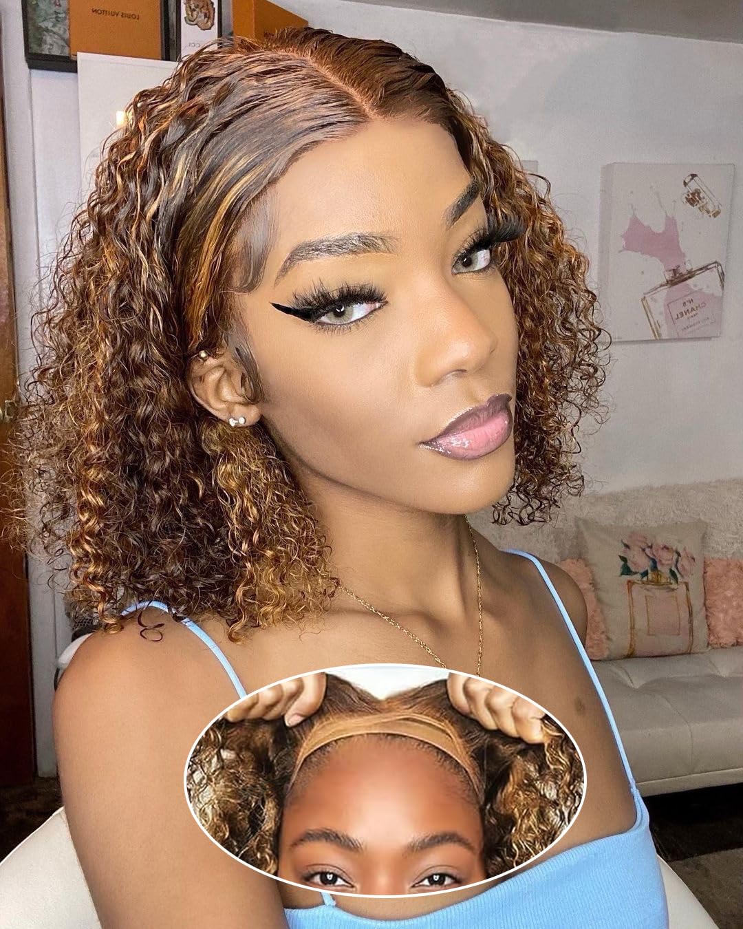 virginess Wear and Go Glueless Wigs Human Hair Pre Plucked Pre Cut Highlight 4/27 Deep Wave Wig for Black Women Human Hair Bob Wig with Elastic Band Upgraded 4x4 Lace Closure Wigs (8Inch)
