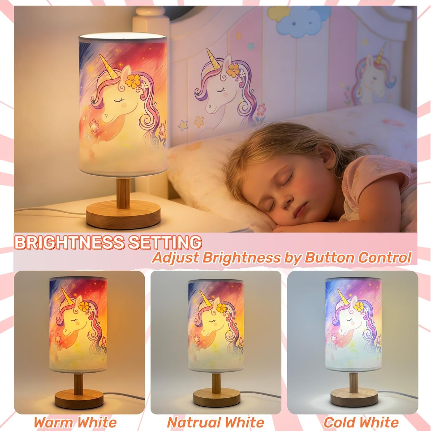 Unicorn Table Lamp,Girls for Bedroom Nightstand Desk Lamps,3 Color LED Bedside Night Light with Flaxen Fabric Shade and Wood Base for Bedroom, Living Room, Unicorn Lovers Gifts for Girls and Boys
