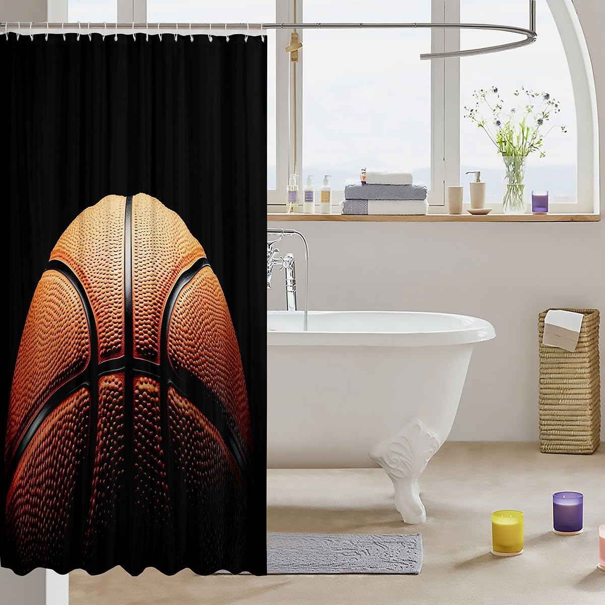 jejeloiu Basketball Bath Curtain 72"x72" Kids Gaming Sports Bathroom Accessories for Boys Girls Teens Ball Games Shower Curtain for Bathroom Decor Gift for Basketball Lover Orange and Black Room Decor image 3