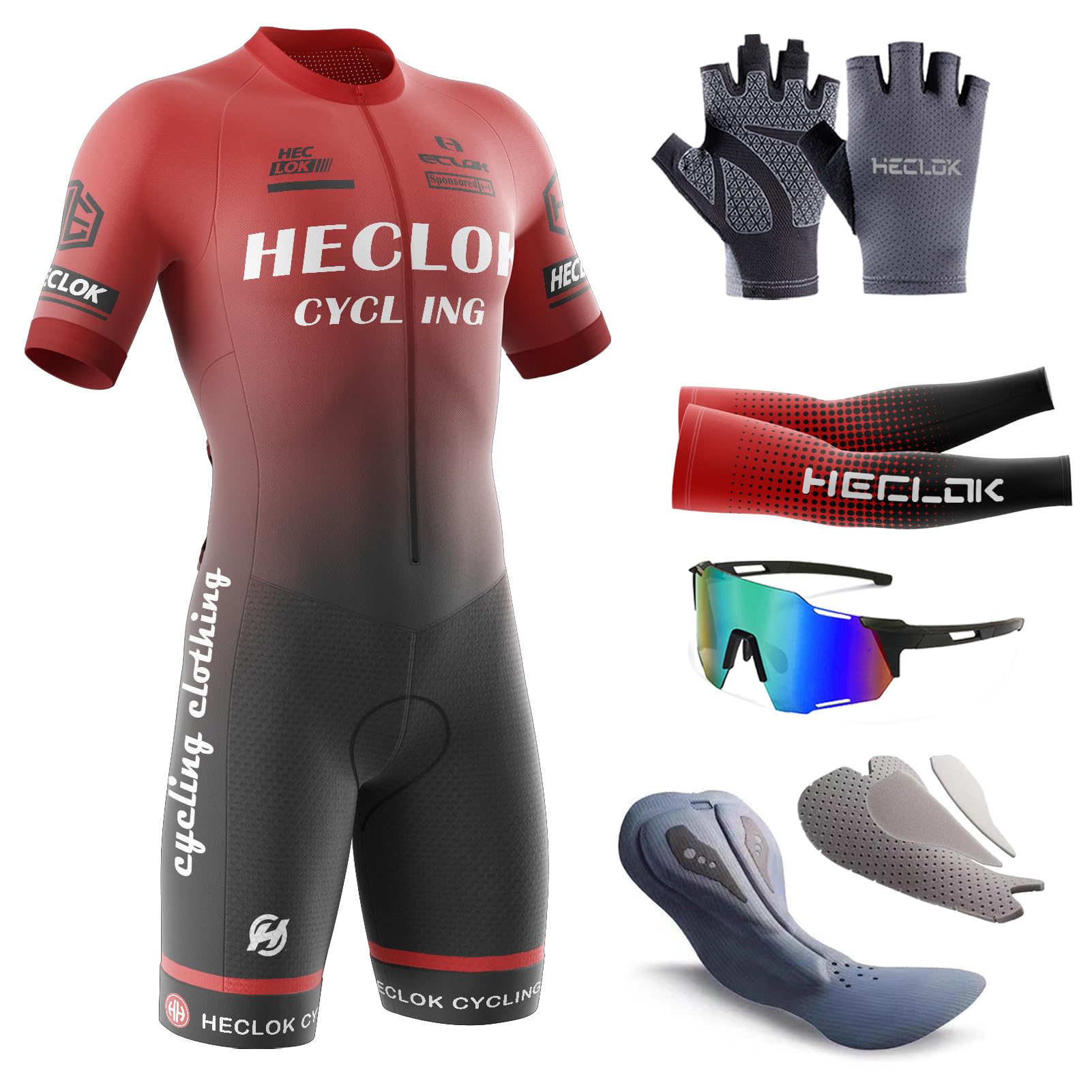 HECLOK Men's Cycling Skinsuit，One Piece Trisuit Bike Jumpsuit,Competition-Grade Handmade high-Density Sponge Padded，MTB Triathlon，Quick Dry Triathlon Suit，Short Sleeve One Piece Bodysuit (TYP-2,XL)