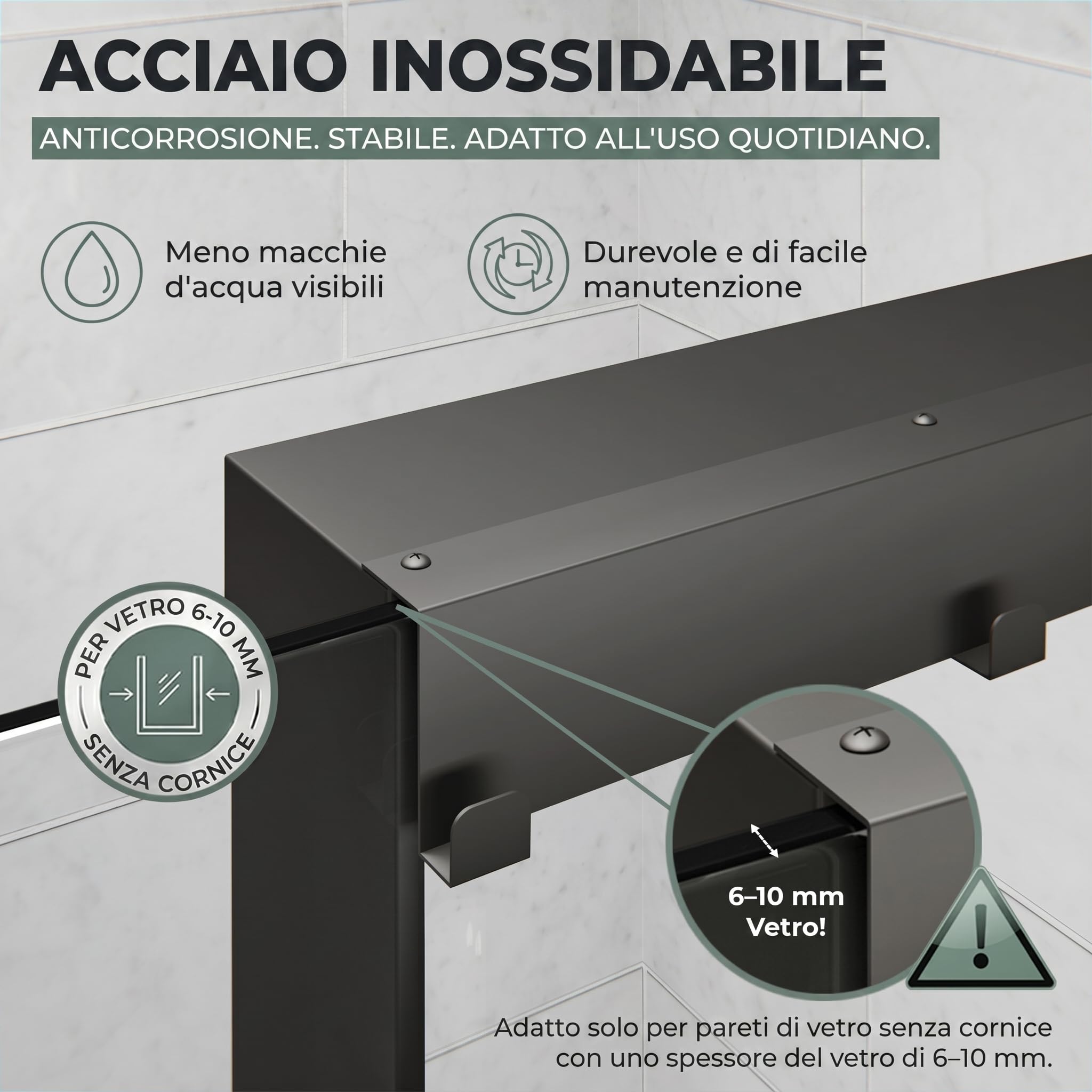 ShowerNIZR Mensola doccia Grey - Mensola doccia senza foratura da appendere alla parete in vetro in acciaio inox con 4 ganci porta shampoo per organizer doccia moderno e ordine nel box doccia