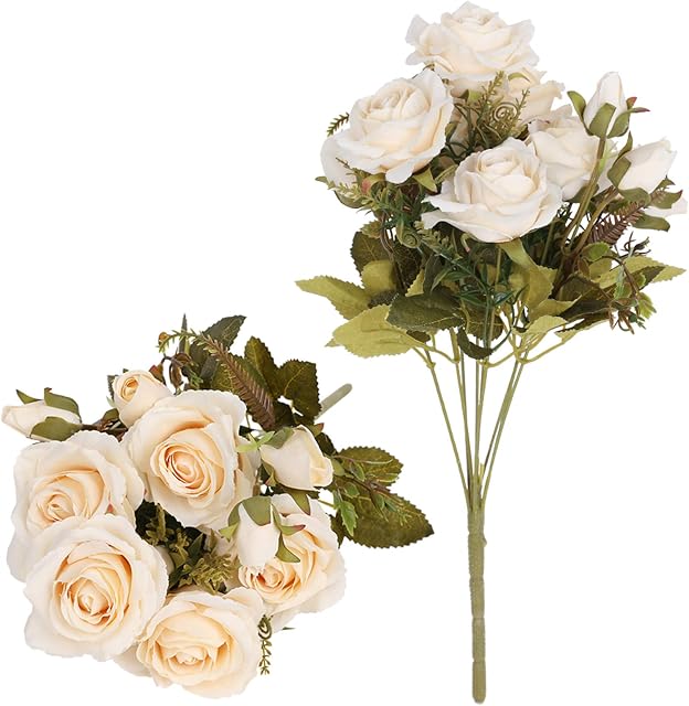 Tifuly Artificial Rose Bouquets, 16.9inch Multiple Blossom Roses Heads and Buds Silk Fake Flower Bouquet for Home Office Wedding Decoration, Floral Arrangement, Centerpieces, Pack of 2 (Champagne)