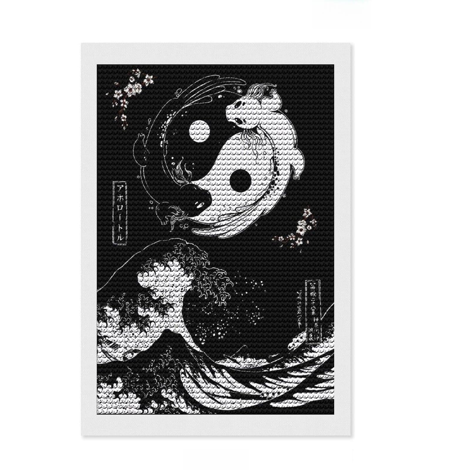Junmoney Yin and Yang Axolotl Wave Diamond Painting Set 8"x12", Vintage Style Decor, for Beginners, Stress Relief Craft, Christmas Gift