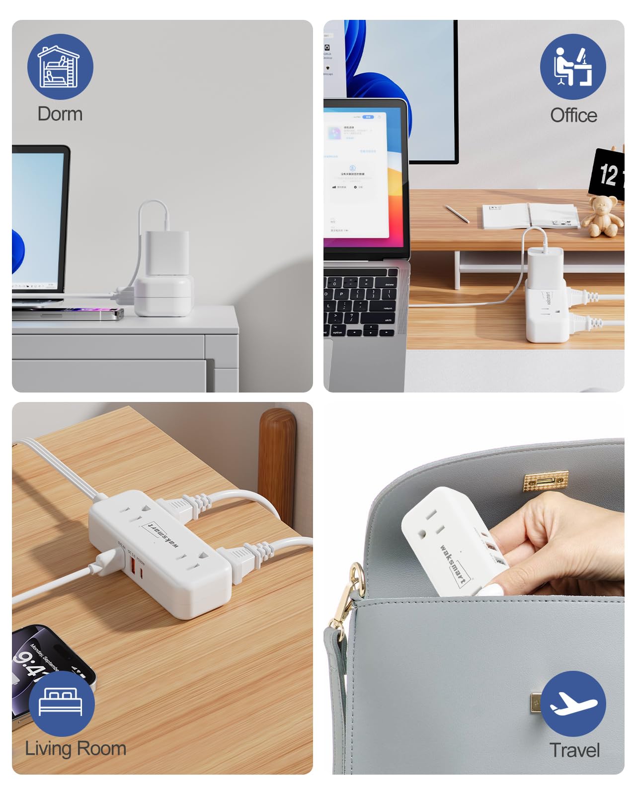 PD20W 3-Fuß-Flachstromleiste mit 4 AC-Ausgängen, 3 USB-Ports mit Schnellladung, kompakte flache Wandsteckdose für Studentenzimmer, Reisen, Zuhause, Büro und