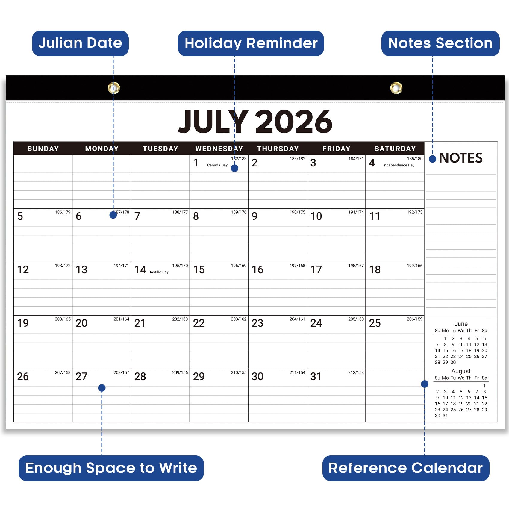 6 Stück Tischkalender 2026–2027, 18-Monatskalender von Juli 2026 bis Dezember 2027, großer 43,2 x 30,5 cm, monatlicher Schreibtisch- und Wandkalender für Zuhause und Büro, Schwarz