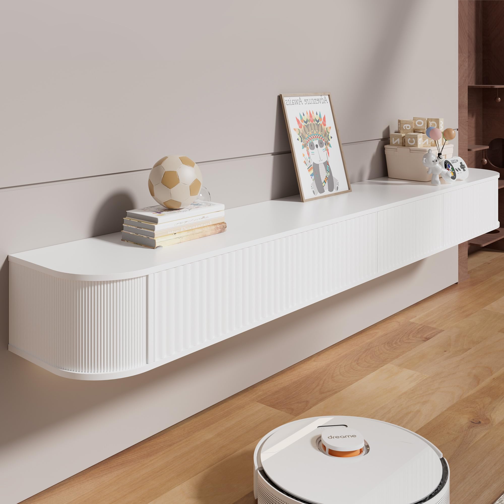 Meuble TV Suspendu Flottant avec Lumières LED RGB – Meuble TV Mural Moderne Blanc 220 cm Longueur, Profondeur 31 cm pour Rangement Amélioré, pour Téléviseurs 85 à 95 Pouces