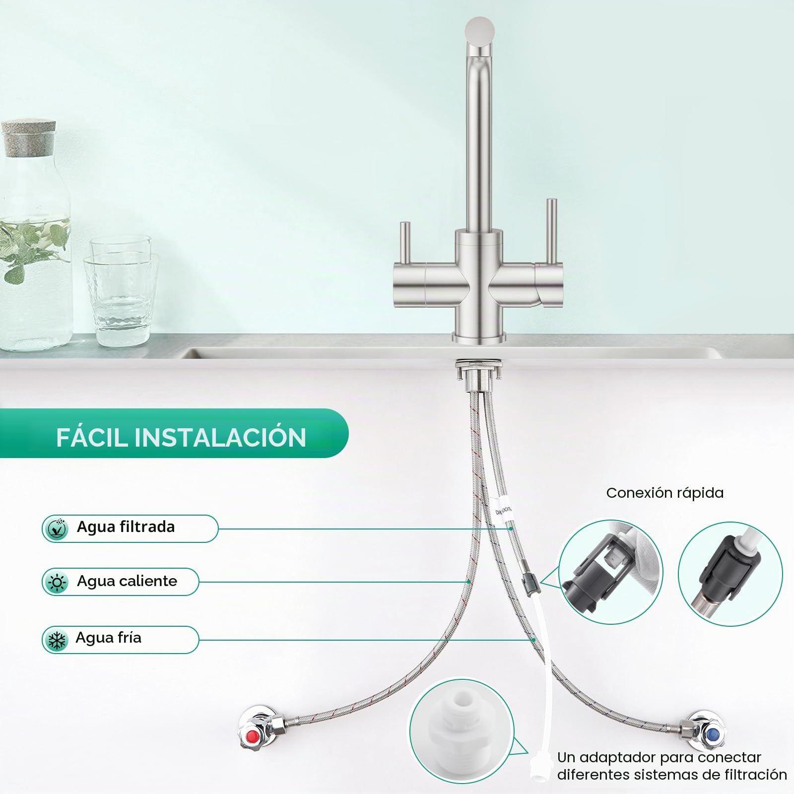 Grifo de Cocina Acero Inoxidable 3 Vías, Giratorio 360°, Mezclador 3 en 1 para Filtro de Agua Potable, Grifo con Doble Mando, Superficie Cepillada – Compatible con Sistema de ósmosis