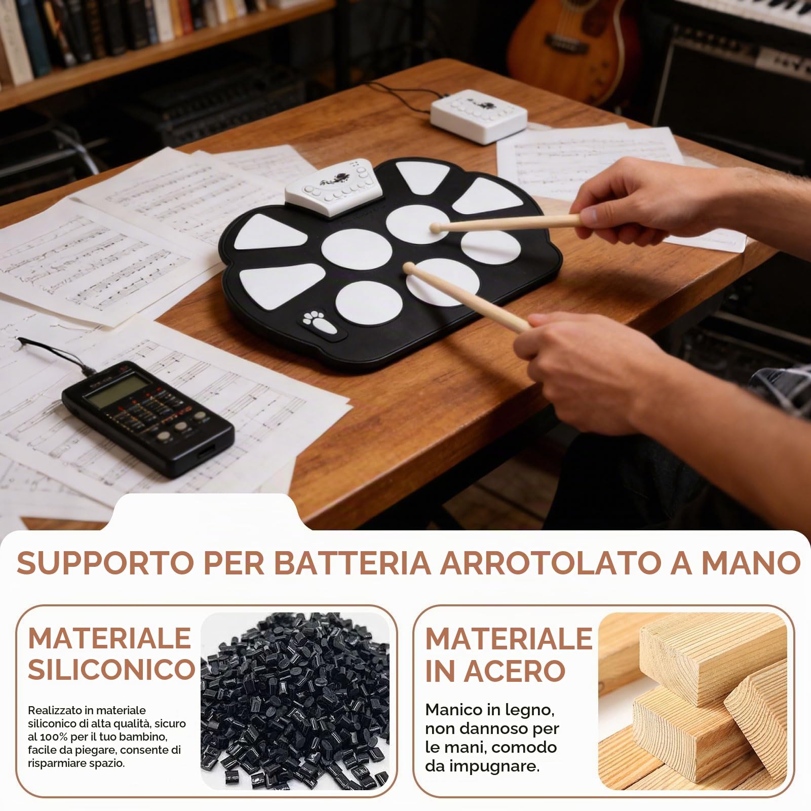 Batteria Elettronica, Batteria Arrotolabile Batteria Elettrica Portatile a 9 Pad con Bastoncini e Pedale e Cavo USB per Bambini, Studenti, Principianti, Appassionati