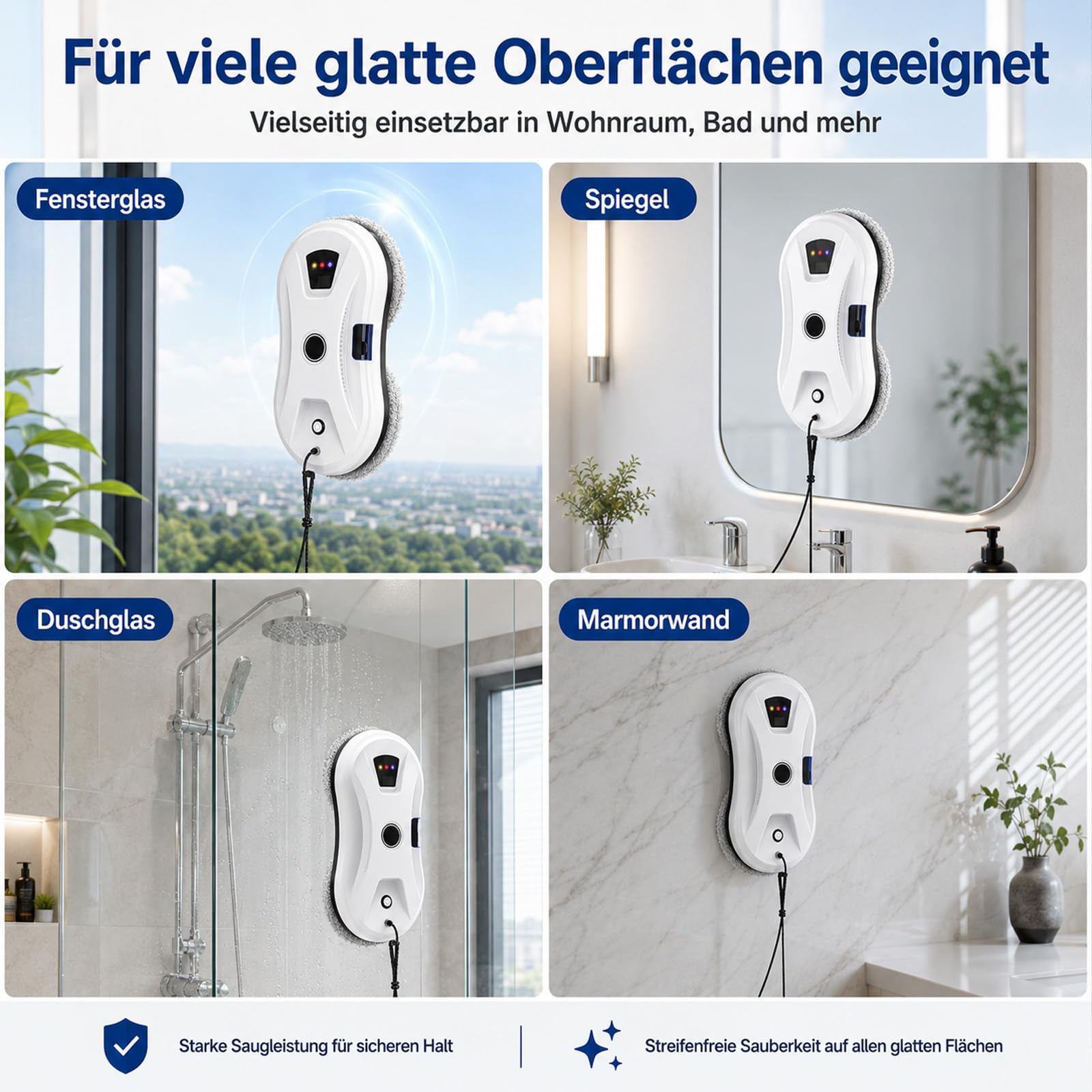 Osmo RoboClean Fensterputzroboter, Automatischer Fensterreiniger mit Starker Saugkraft & Wassersprühen, Intelligente Navigation & Kantenerkennung, Fernsteuerung, 3 Reinigungsmodi (Nass/Trocken)
