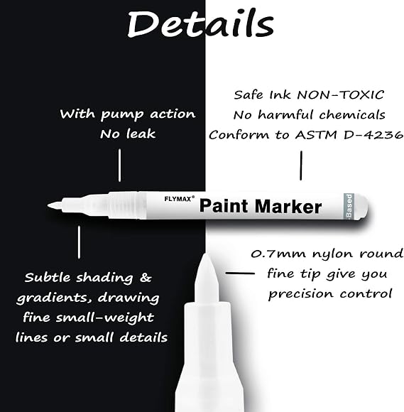 FLYMAX White Paint Pen, 6 Pack 0.7mm Acrylic Permanent Marker White Paint Pens for Wood Rock Plastic Leather Glass Stone Metal Canvas Ceramic Marker Extra Very Fine Point Opaque Ink