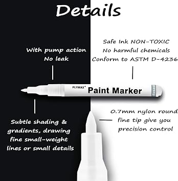 FLYMAX White Paint Pen, 6 Pack 0.7mm Acrylic Permanent Marker White Paint Pens for Wood Rock Plastic Leather Glass Stone Metal Canvas Ceramic Marker Extra Very Fine Point Opaque Ink