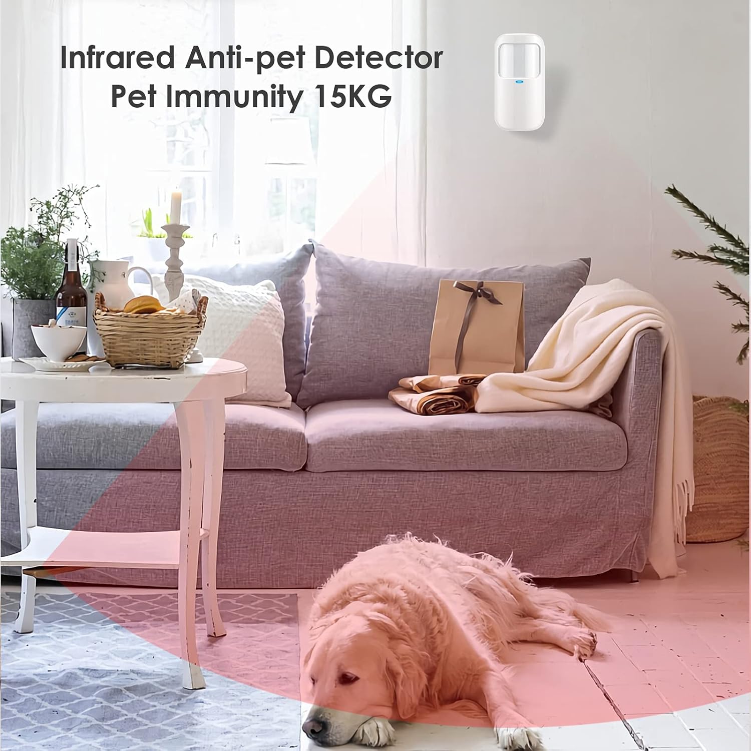 YISEELE pet immune infrared detector with a dog in the foreground, indicating its ability to ignore pets up to 15kg.