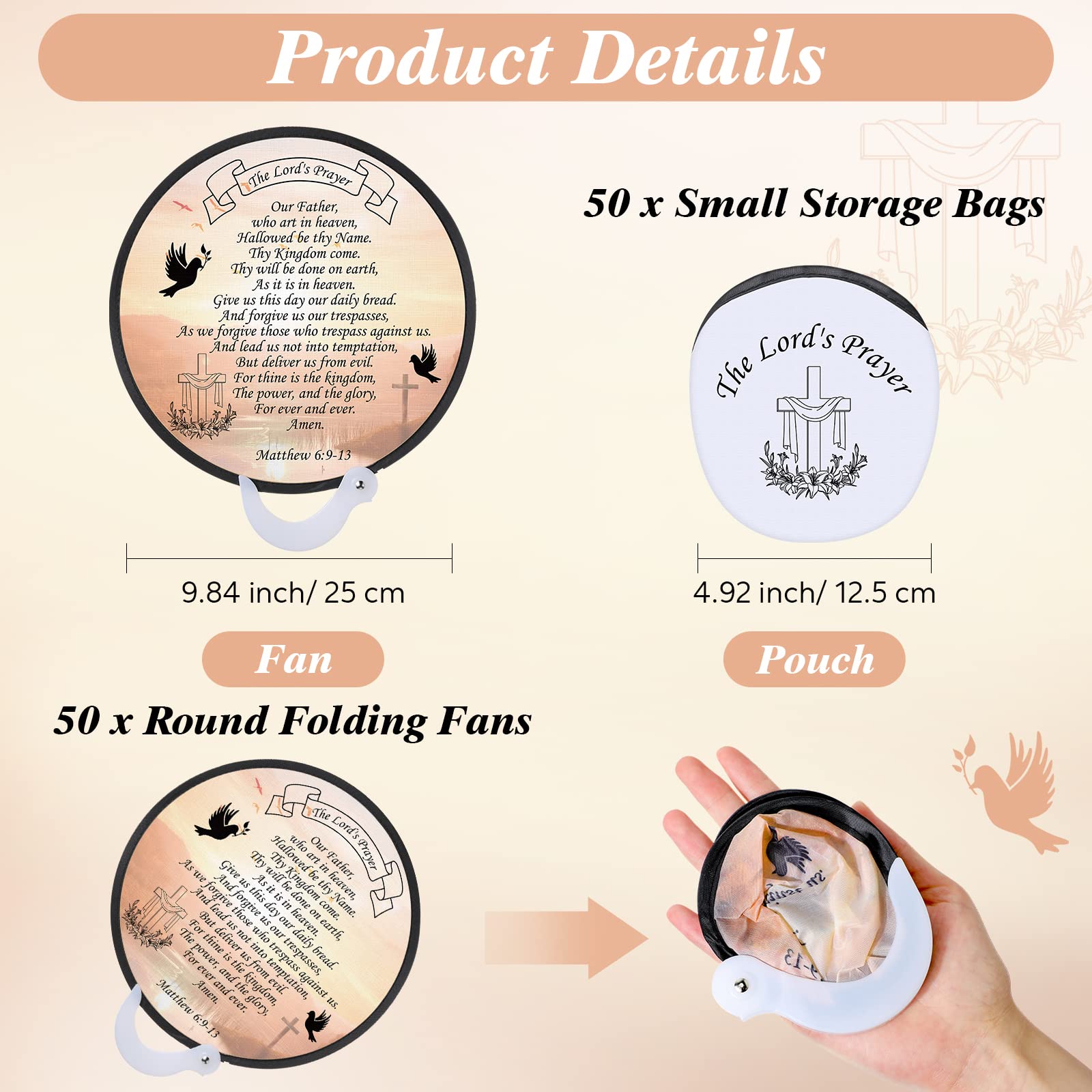 Geosar 50 Pack Church Fans Christian Folding Hand Fans Religious Church Fans Round Shaped Folding Fans with Plastic Handle and Storage Bag for Church Services Women Men Decoration Gift