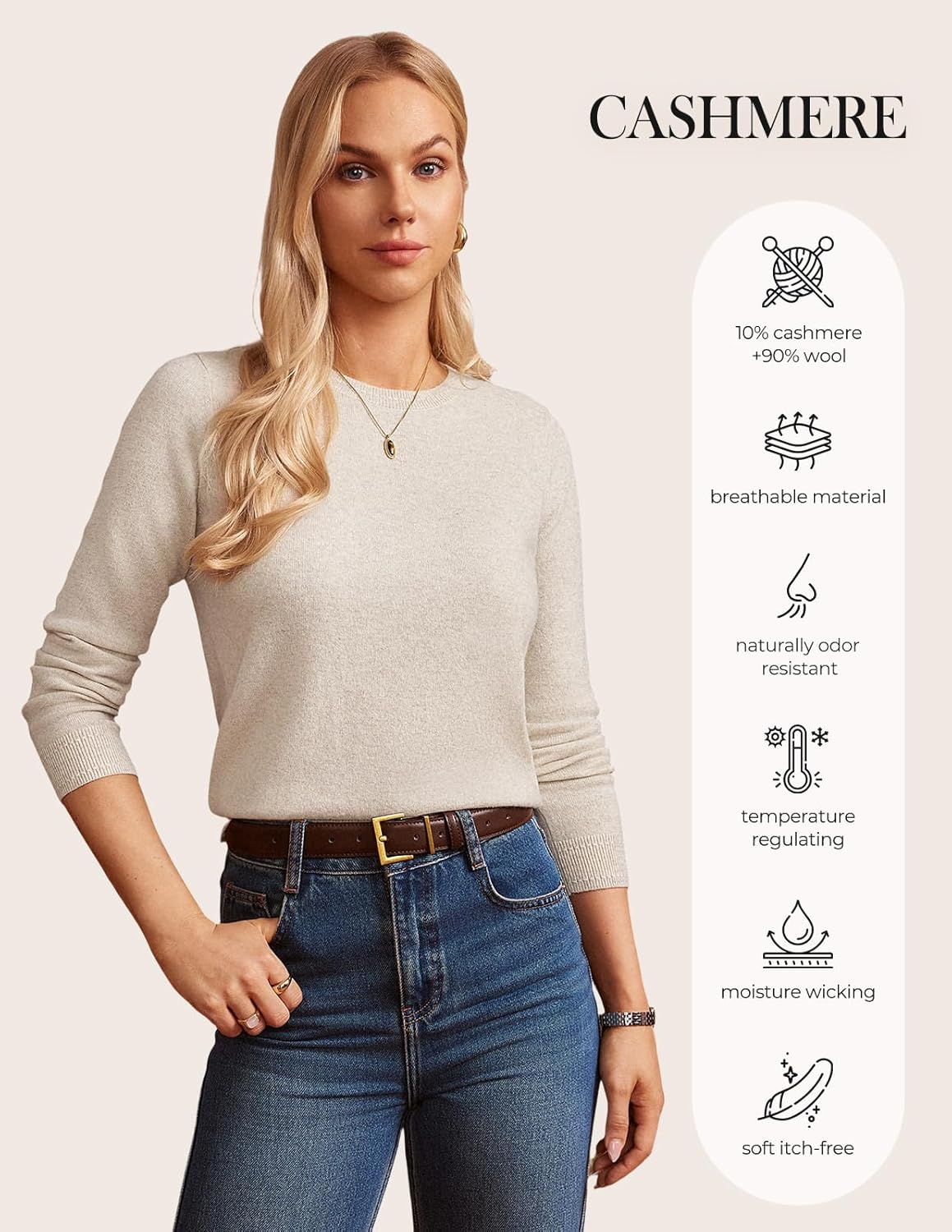 GRACE KARIN Women Cashmere Sweater Crew Neck Merino Wool Soft Pullover Layer Dressy Casual 2026 Spring with Socks - Image 5