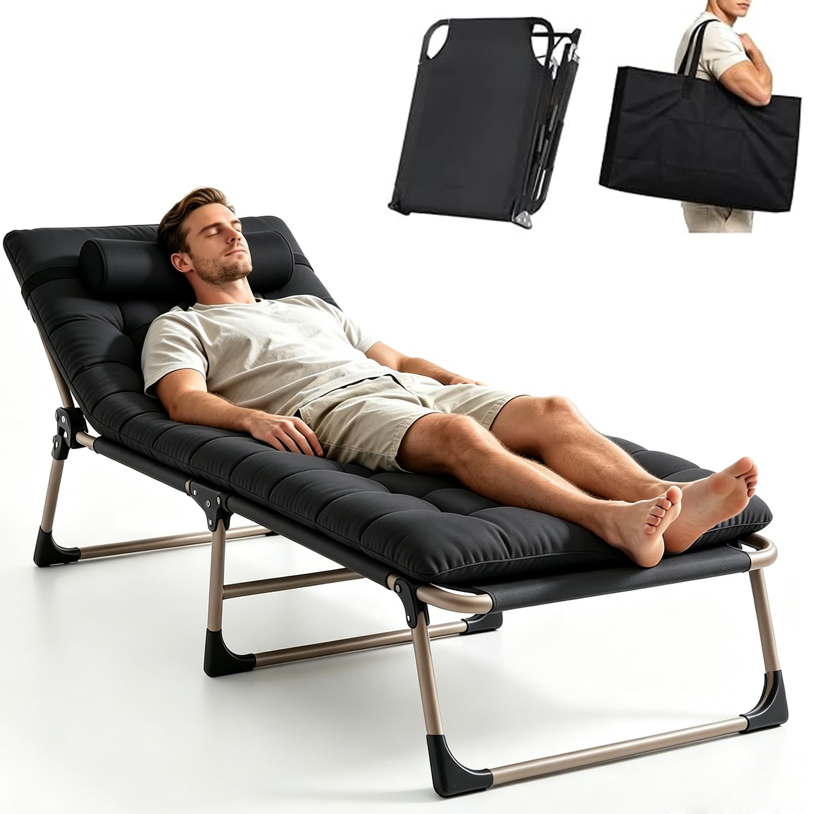 JAXEN Heavy Duty Garden Sun Lounger with Bag, Mattress & Pillow (black,1pc)