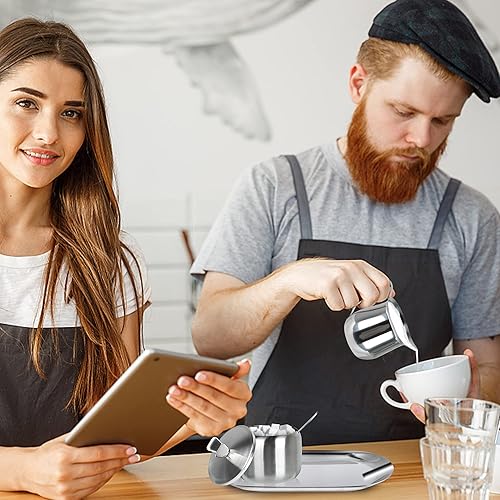 Miniatura 7 de Juego de azúcar y crema, juego de servir de café, taza de leche con leche de acero inoxidable, jarra de crema y azucarero con tapa y bandeja de