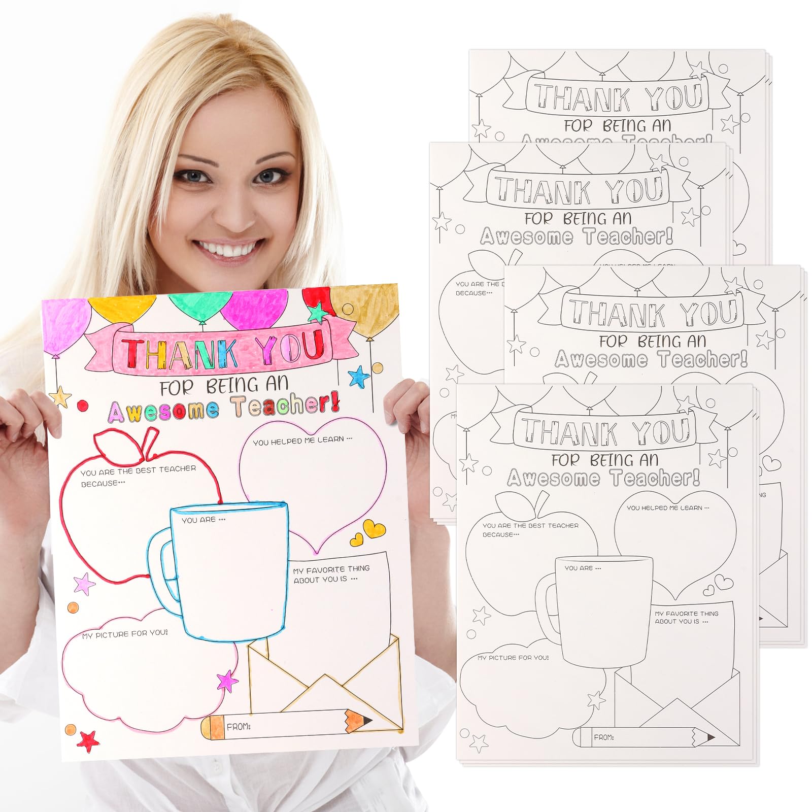 12 Pieces 8x10inch Printable Teacher Appreciation Cards Fill In The Blank Teacher Thank You Cards Teacher Appreciation Week Gift for Best Teacher Ever Card Teacher of the Year Appreciation Gifts