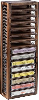 FARM IN Cassette Tape Storage, Farmhouse Style Cassette Rack Tower, Single-Sided 16-Slot, Rustic Solid Burnt Wood & Diamond Metal Wire Mesh