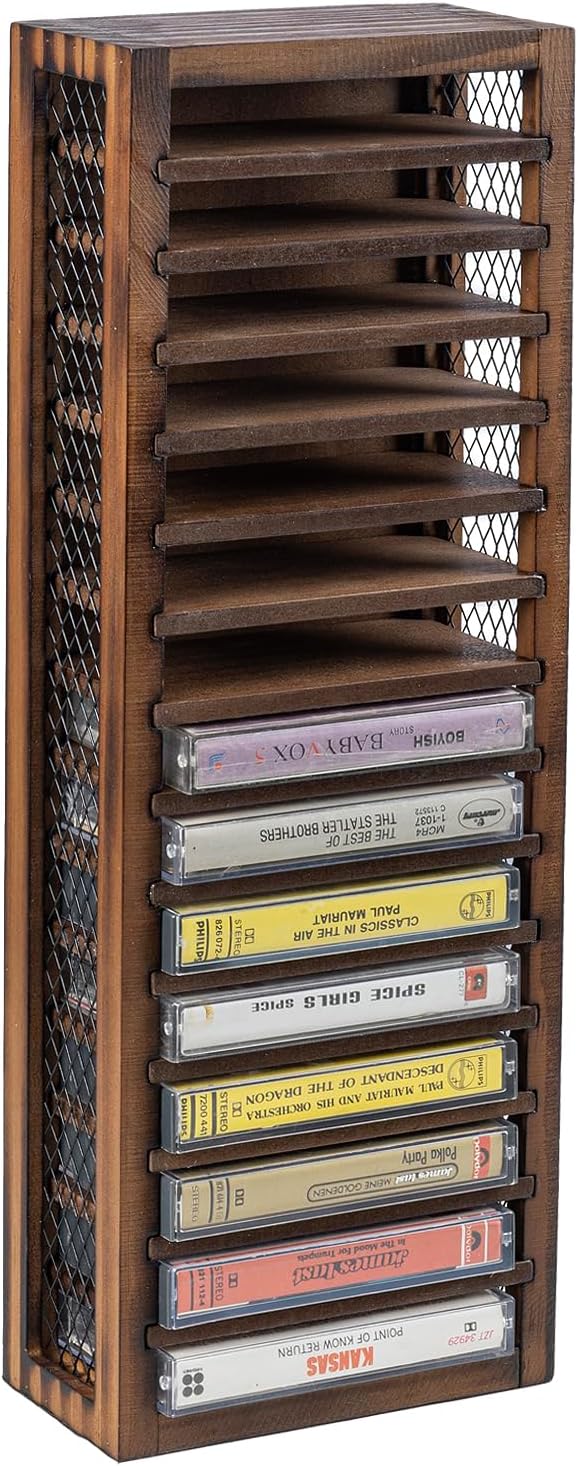 FARM IN Cassette Tape Storage, Farmhouse Style Cassette Rack Tower, Single-Sided 16-Slot, Rustic Solid Burnt Wood & Diamond Metal Wire Mesh
