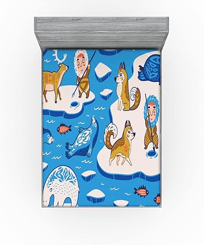 Miniatura 2 de Lunarable North Pole Fitted Sheet Set, Cartoon Illustrations of Arctic Elements and Eskimos Scandinavian Pattern, Bed Cover with All-Round Elastic