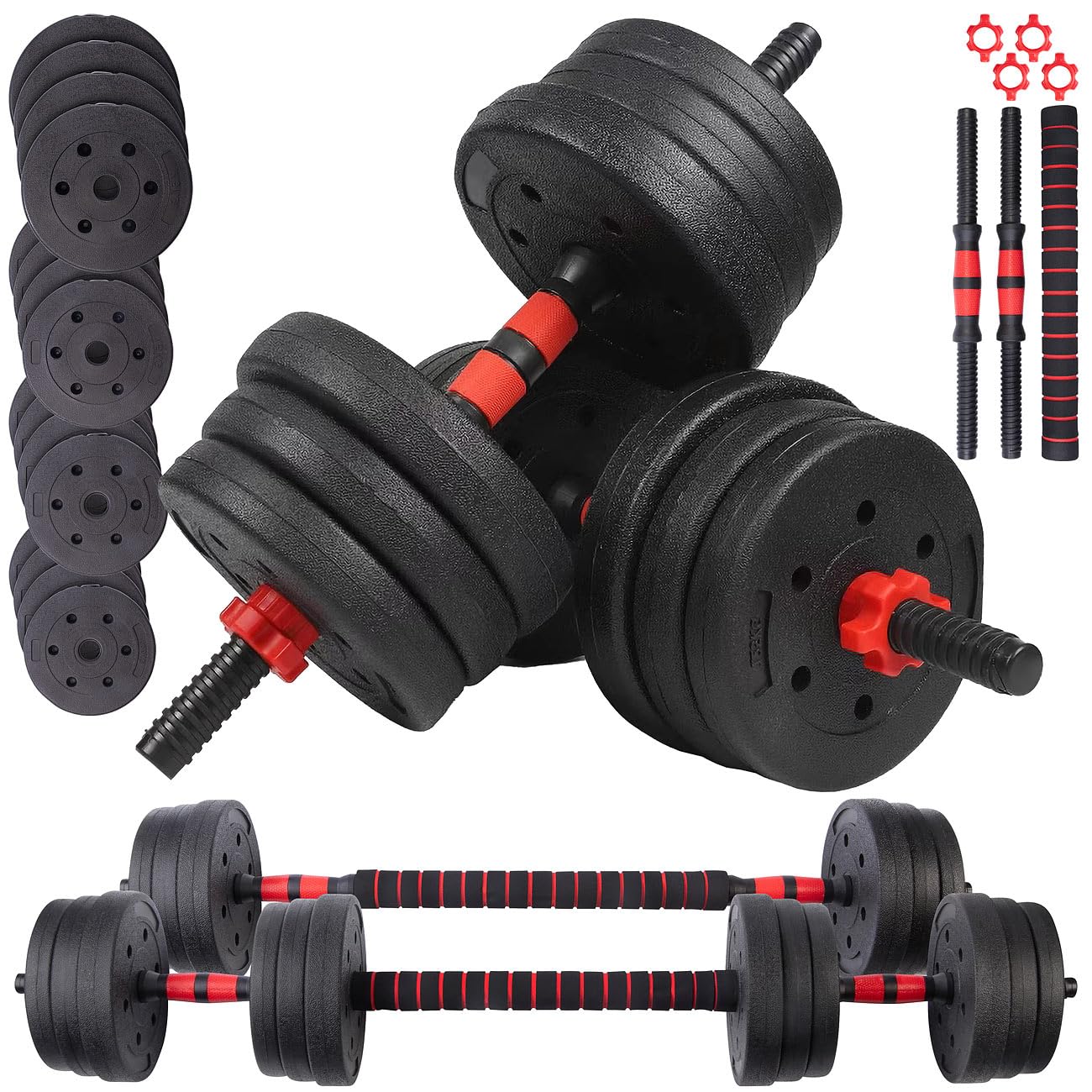 PEARL Sports Hantel: 2in1-Kurz- und Langhantel-Set, 29 kg, verstellbar, Sternverschlüsse (Kurzhantel, lang Hantel, Trainer)