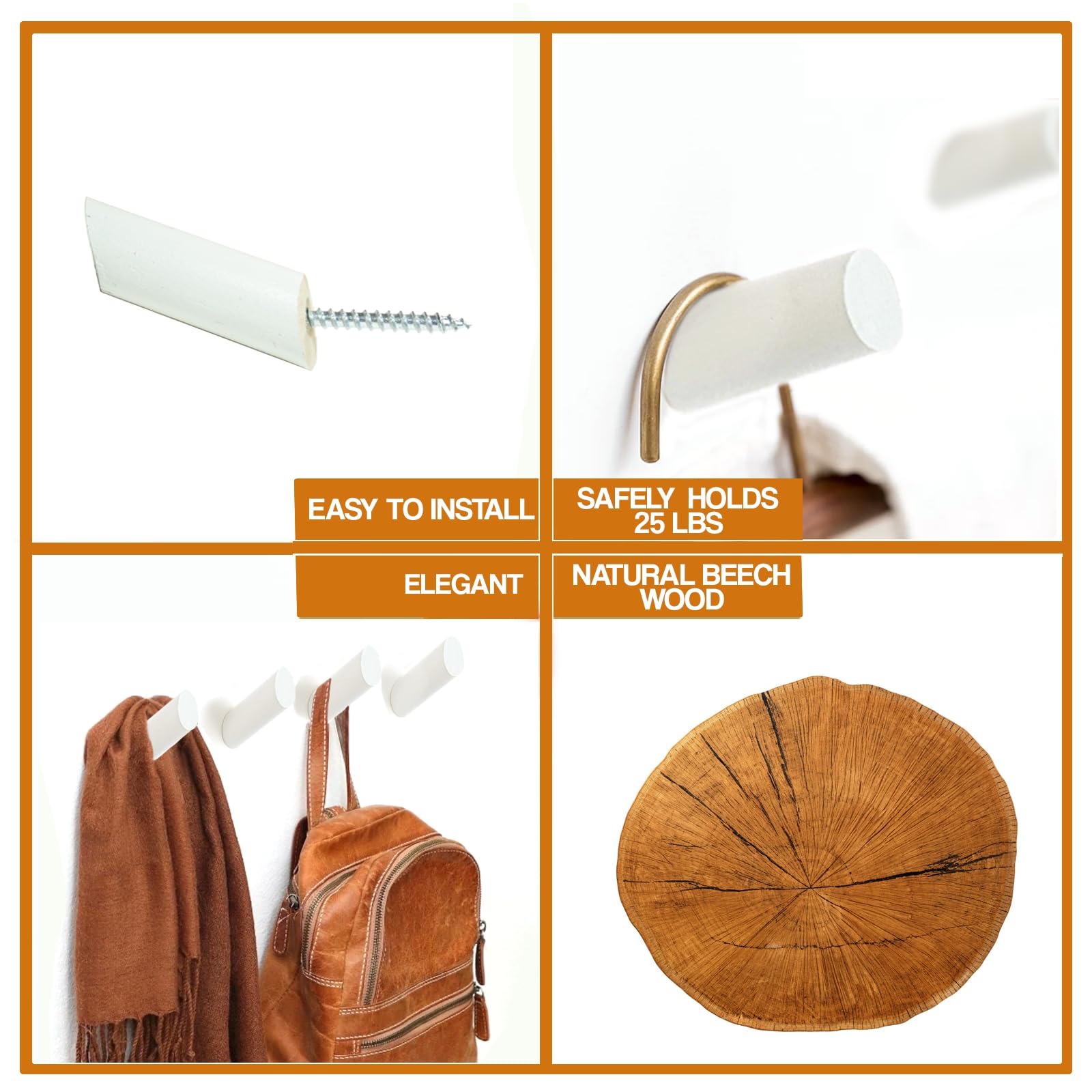 Ganchos de pared de madera, paquete de 6 ganchos para sombreros para pared, ganchos blancos montados en la pared, ganchos de pared de madera modernos y decorativos, gancho para colgar backpage,
