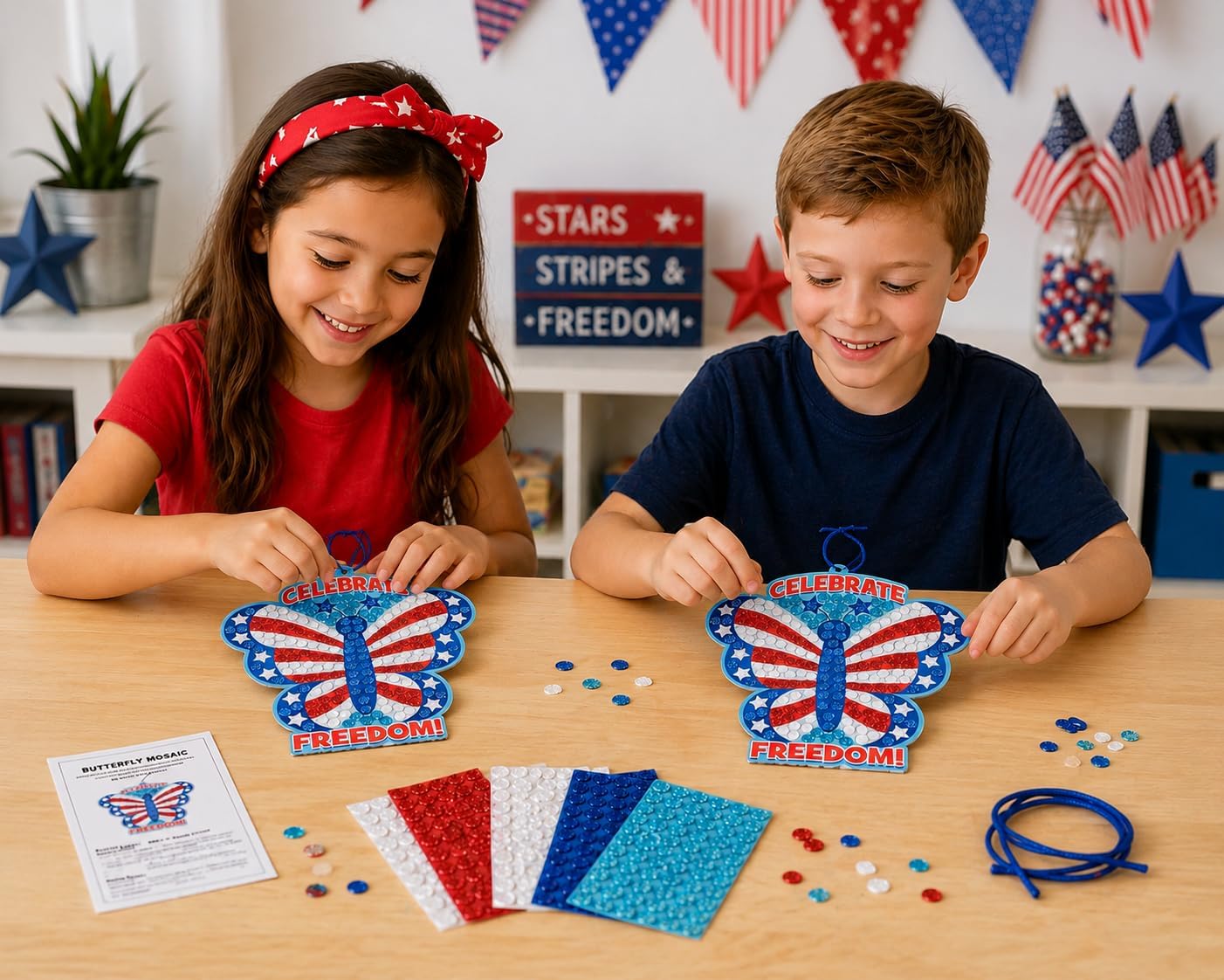 Fun Express USA Patriotic Butterfly Glitter Mosaic Craft Kit - Makes 12 - Fourth of July Crafts for Kids