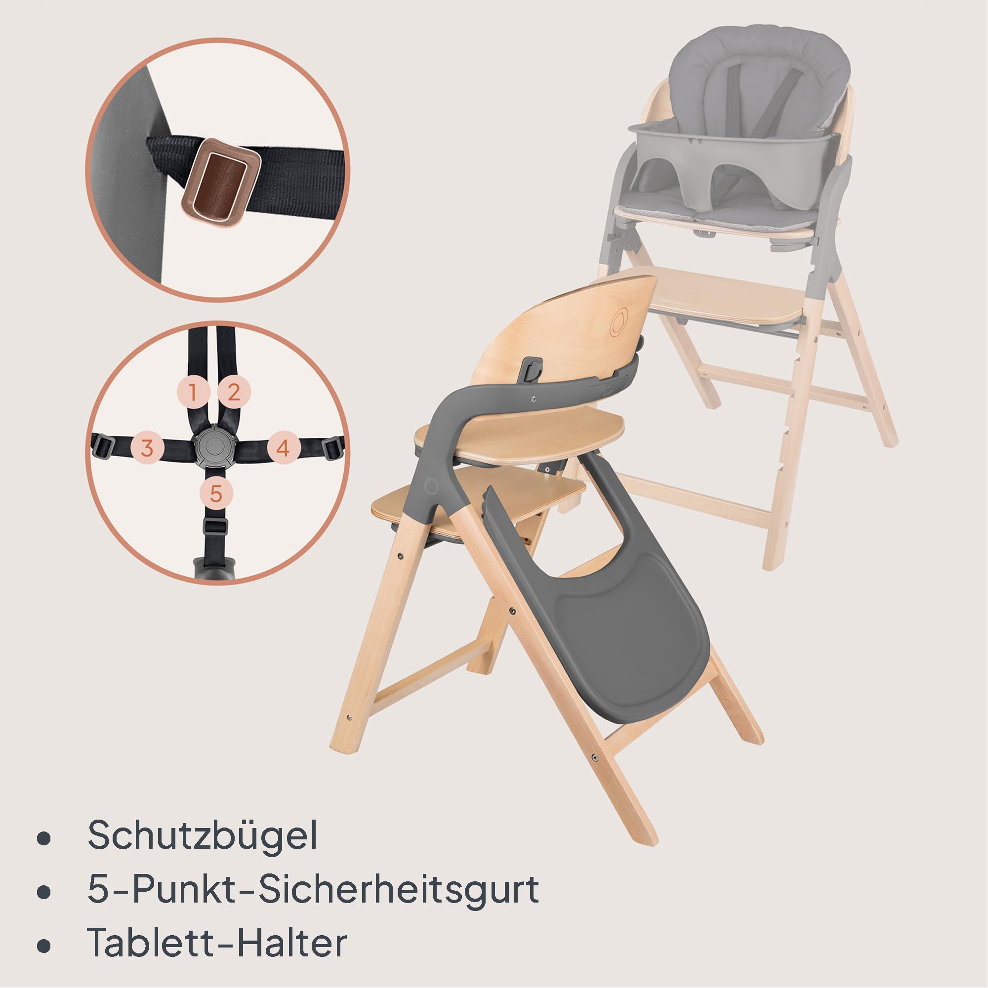 Lionelo Megan Holzhochstuhl zum Füttern, Wächst mit dem Kind von 6 Monaten | bis 110 kg, Verstellbare Fußstütze, 5-Punkt-Gurte, Sitzkissen, Pflegeleicht