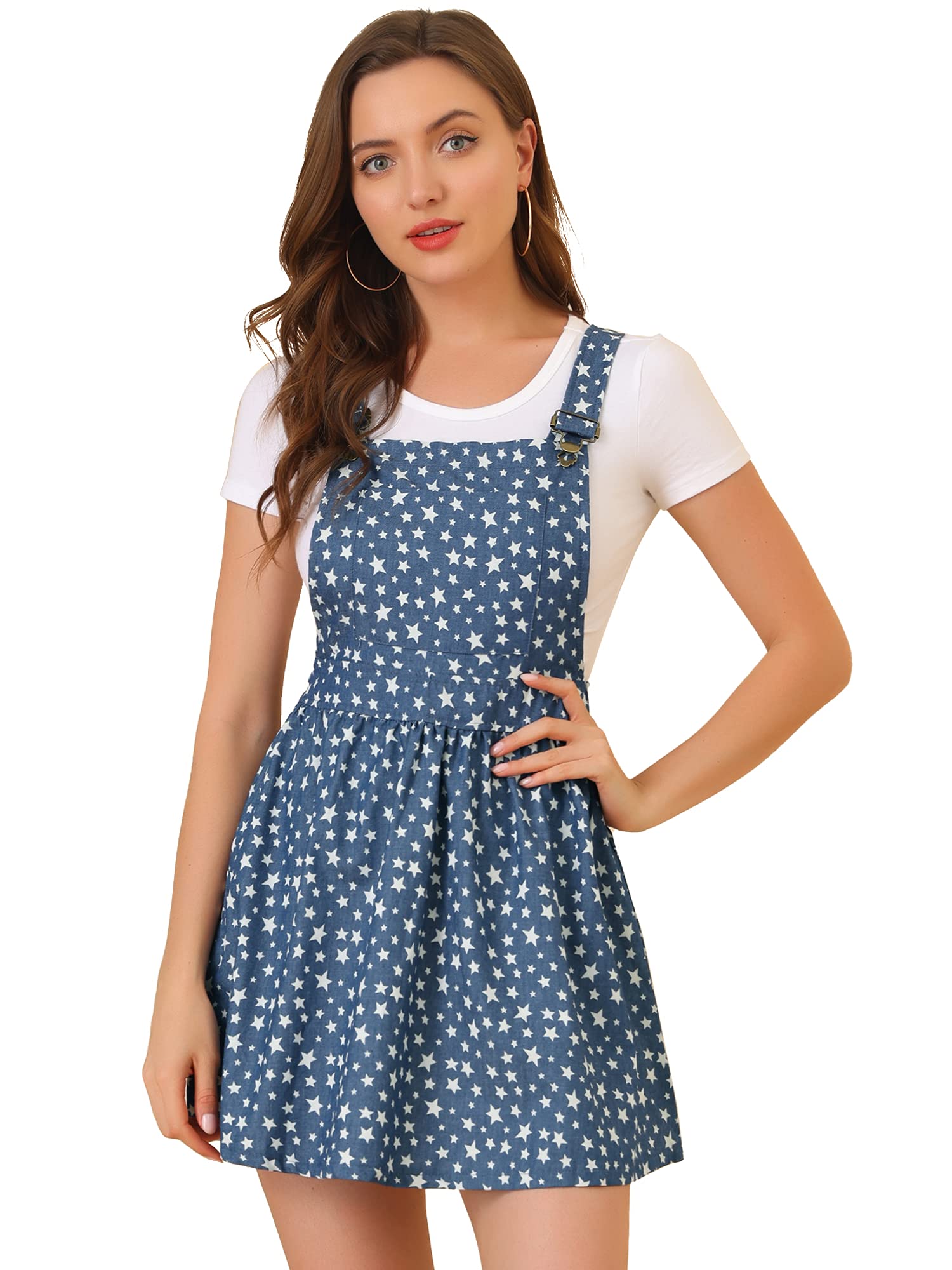 Women Casual Floral Chambray Pinafore Overall Dress Easter
