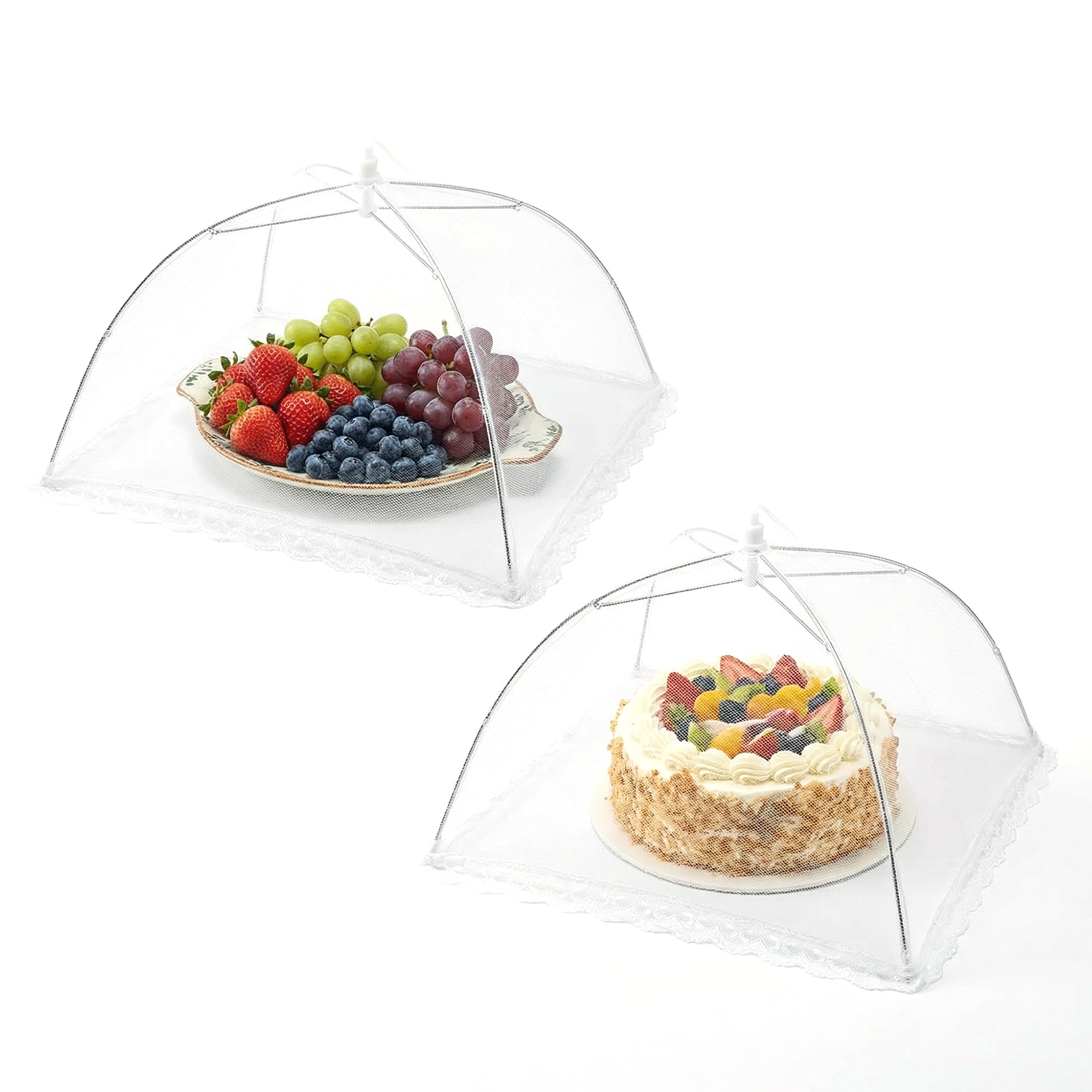 Ousuwo 2 Pack Foldable Food Covers (33x33cm), Reusable Mesh Food Tents for Outdoor Picnics, Garden Parties & Buffets - Fly and Insect Proof Protectors for Fruit, Cakes & Dishes