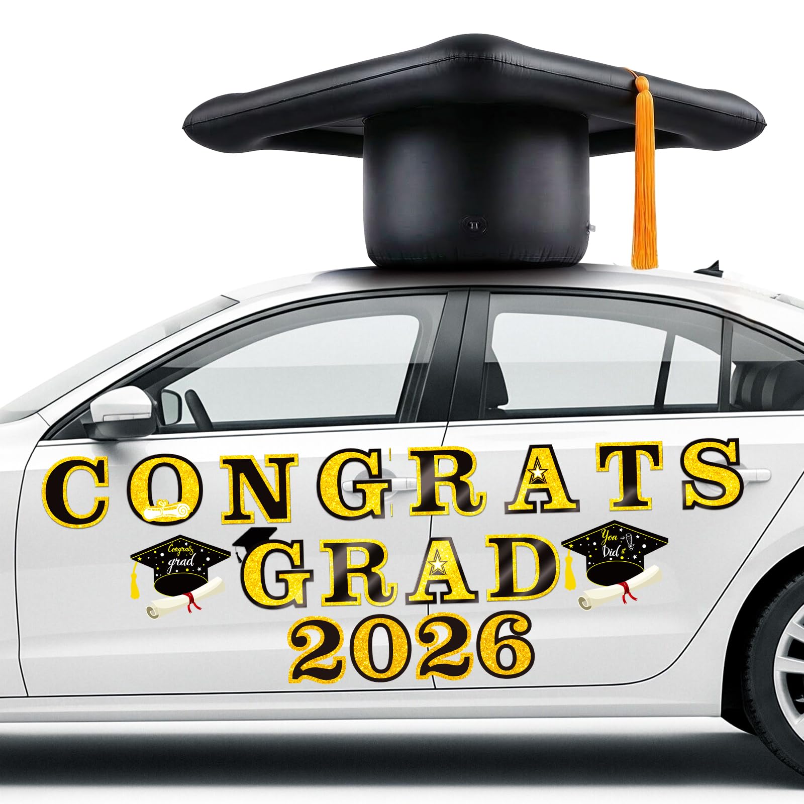 Photo 1 of 2026 Graduation Car Decorations, 27" Large Inflatable Car Graduation Cap Decors, Class of 2026 Congrats Grad Magnets Letters PVC Blow up Decorations for Cars Roof High School Collage Prom Party(Black