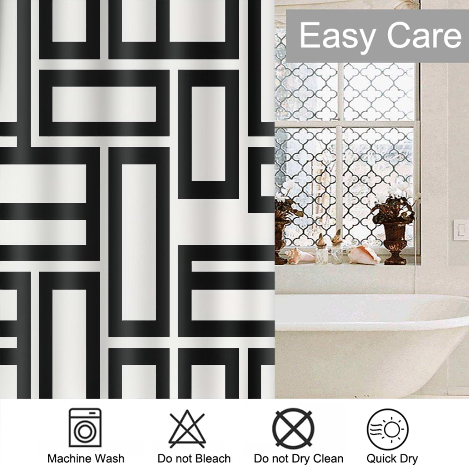 Moslion Black White Geometric Rectangles Grid Shower Curtain Set 72x72 Inch Bathroom Decor Waterproof Fabric Curtains with Hooks