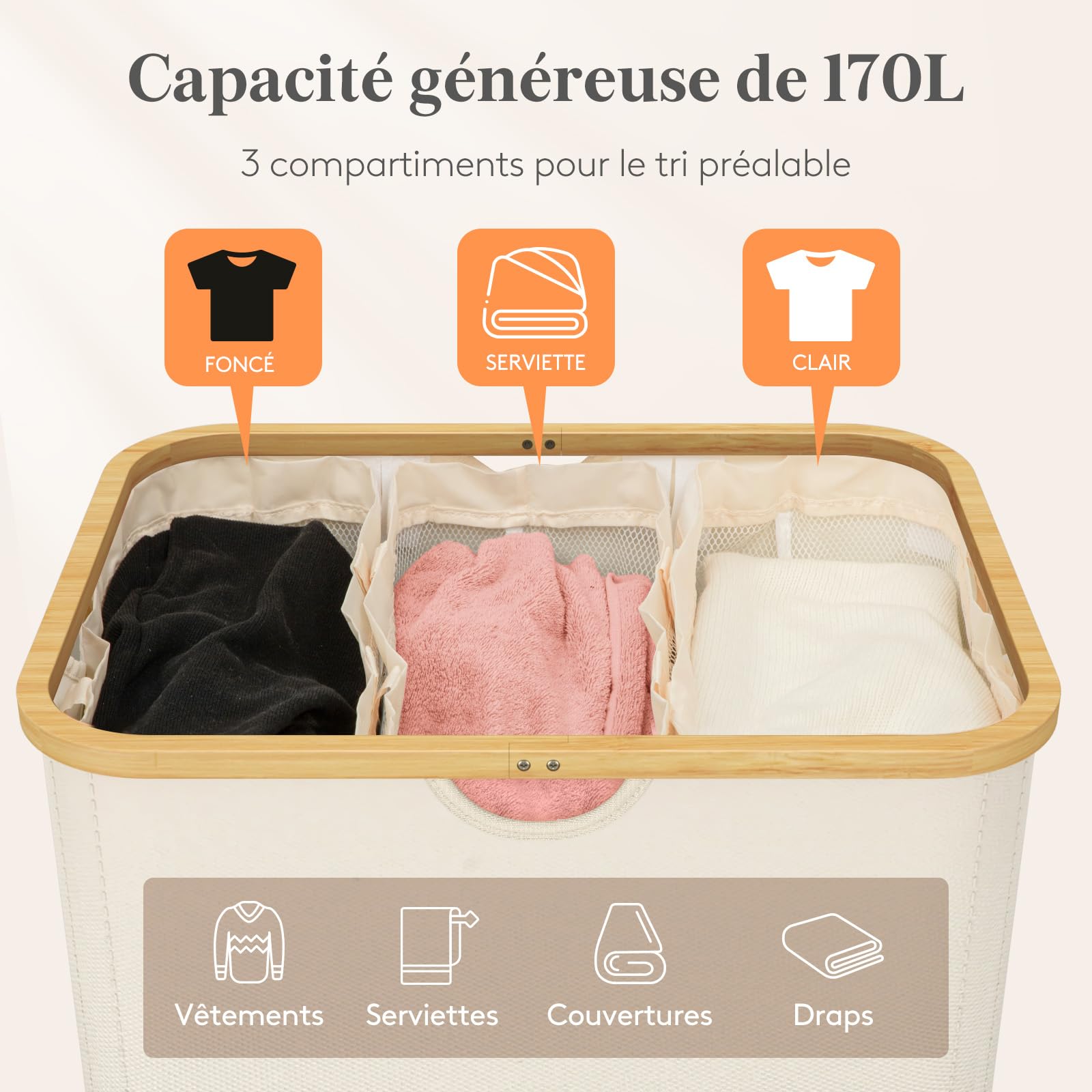 Lifewit Panier à Linge avec Sacs Amovibles, Grande Corbeille à Linge Pliable en Bambou avec Couvercle, Laundry Basket pour Chambre, Salle de Bain, Buanderie, 3 Compartiments, 170 L, Beige