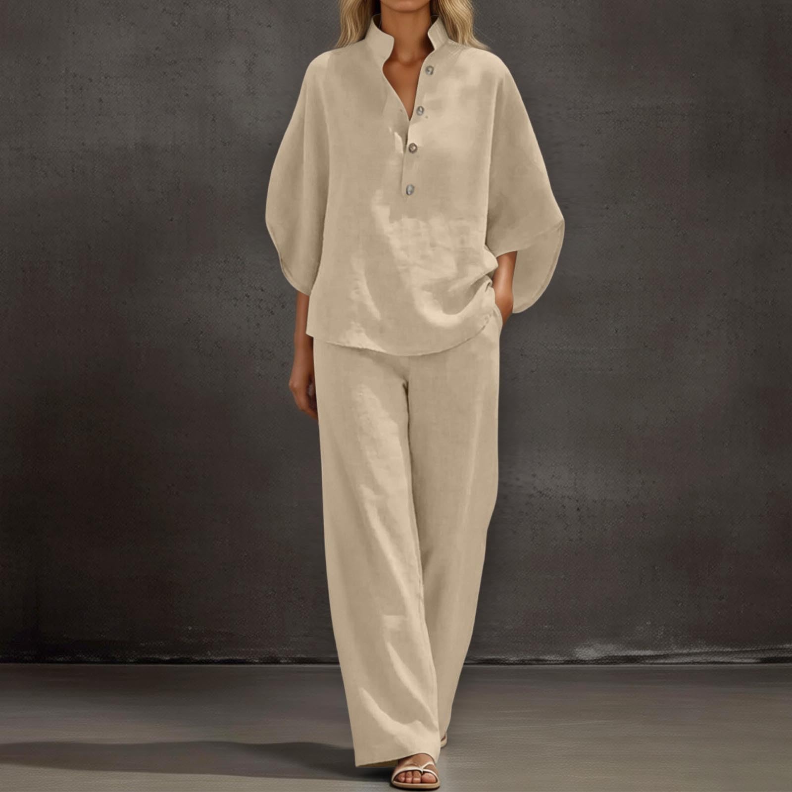 Conjunto Mujer Dos Piezas Verano Elegante Lino Chandal Casual Cómodo Blusa Manga 3/4 y Pantalones Completo Primavera Holgado Talla Grande Conjuntos Deportivos Cuello en V Playa Chándal Vacaciones