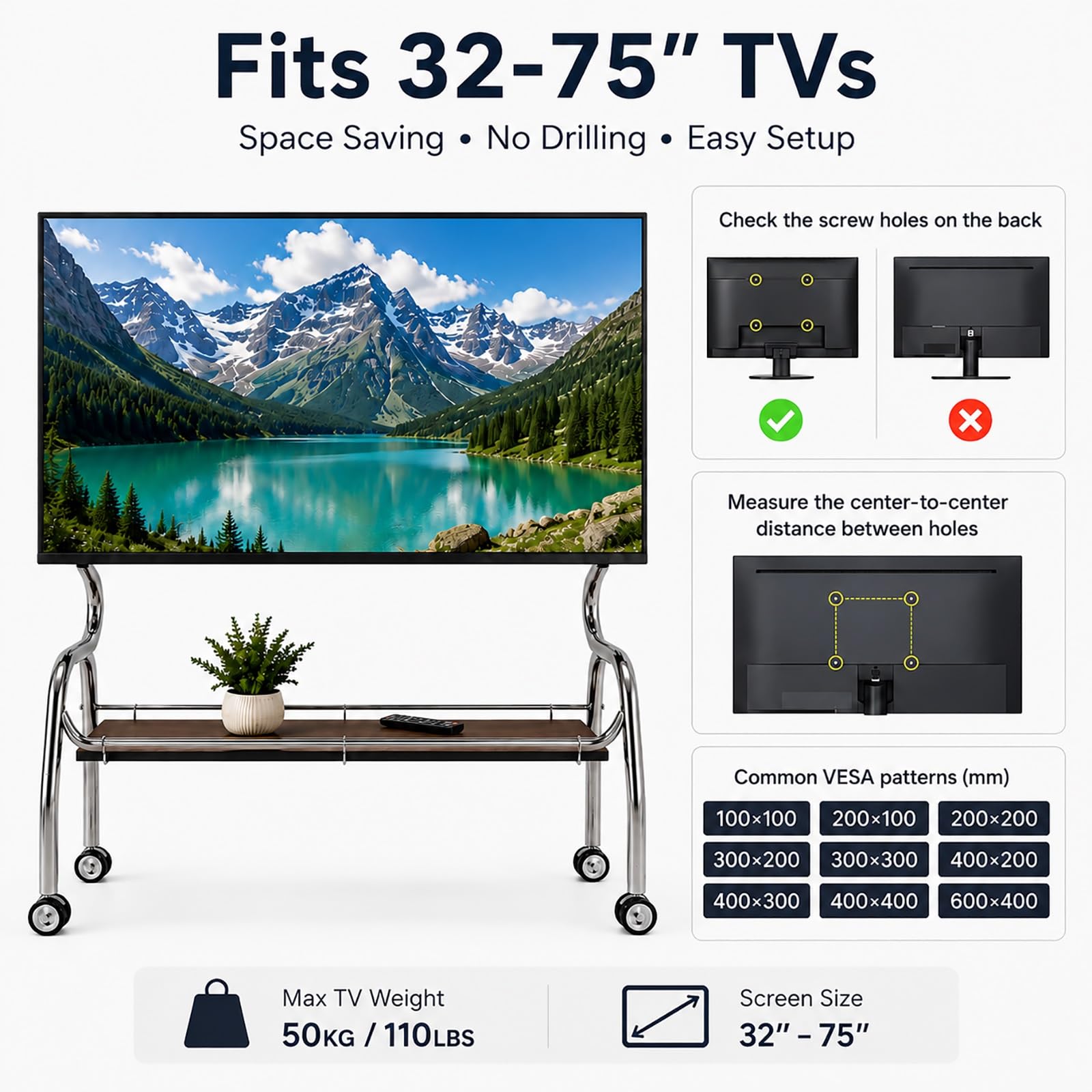 Supporto TV Mobile con Ruote, Supporto TV Portatile Autoportante | Acciaio Inossidabile, Ruote con Blocco, Mensola Portaoggetti e Pannello Pegboard(Brown,90x35x120cm)