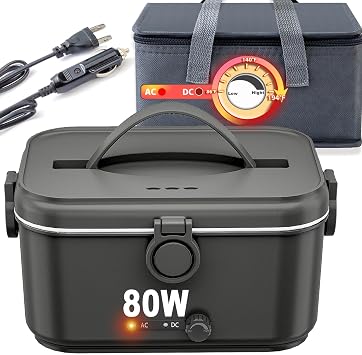 Electric Lunch Box for Adults with Temperature Adjustment 80W Heated Lunch Boxes for Men with 1.8L Stainless Steel Container Electric Lunchbox for Work/Car/Truck-110V/12V/24VBlack