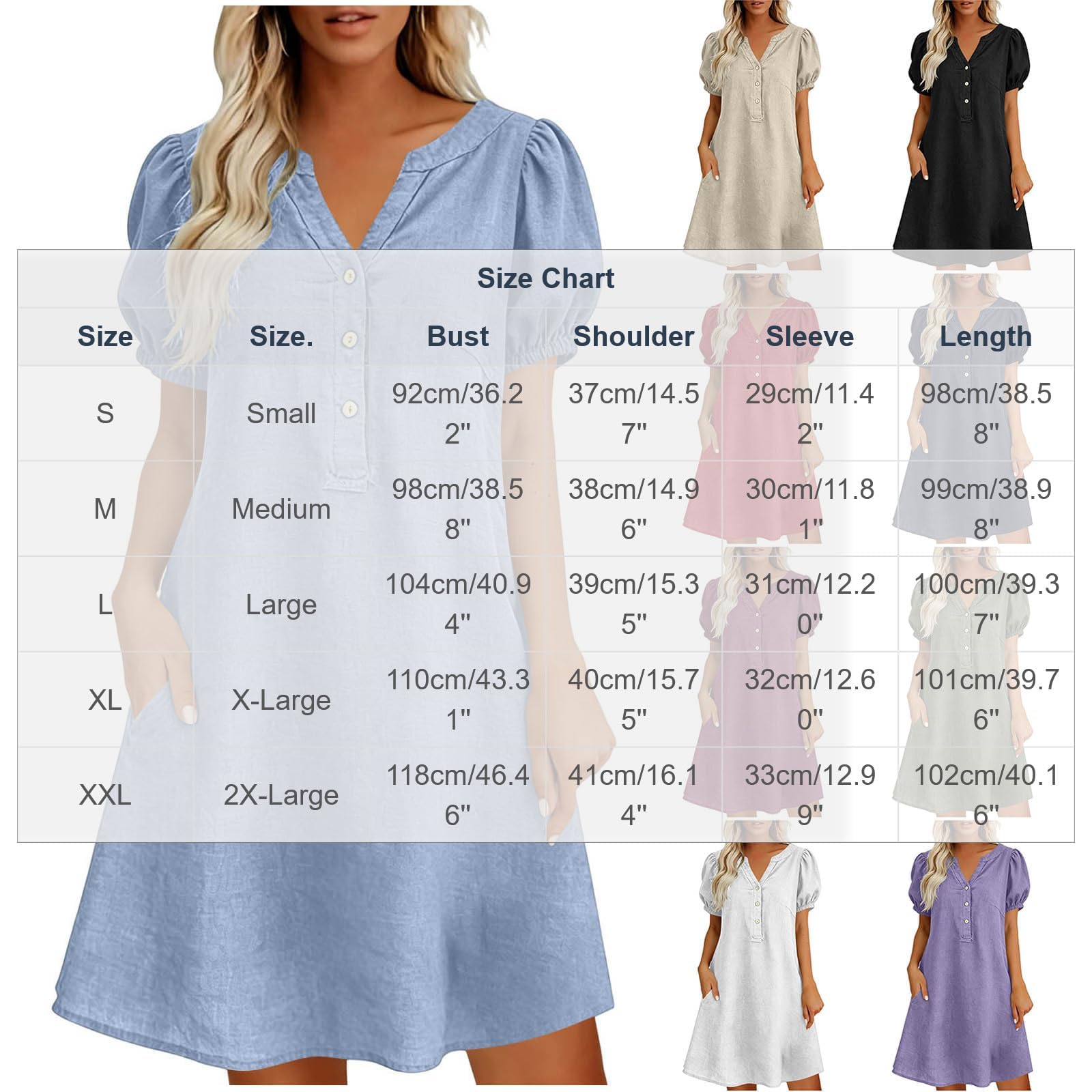 Robe midi Ample Femme col en V Demi-boutonnée Manches Bouffantes Courtes avec Poche latérale Style décontracté Chic pour Les Vacances
