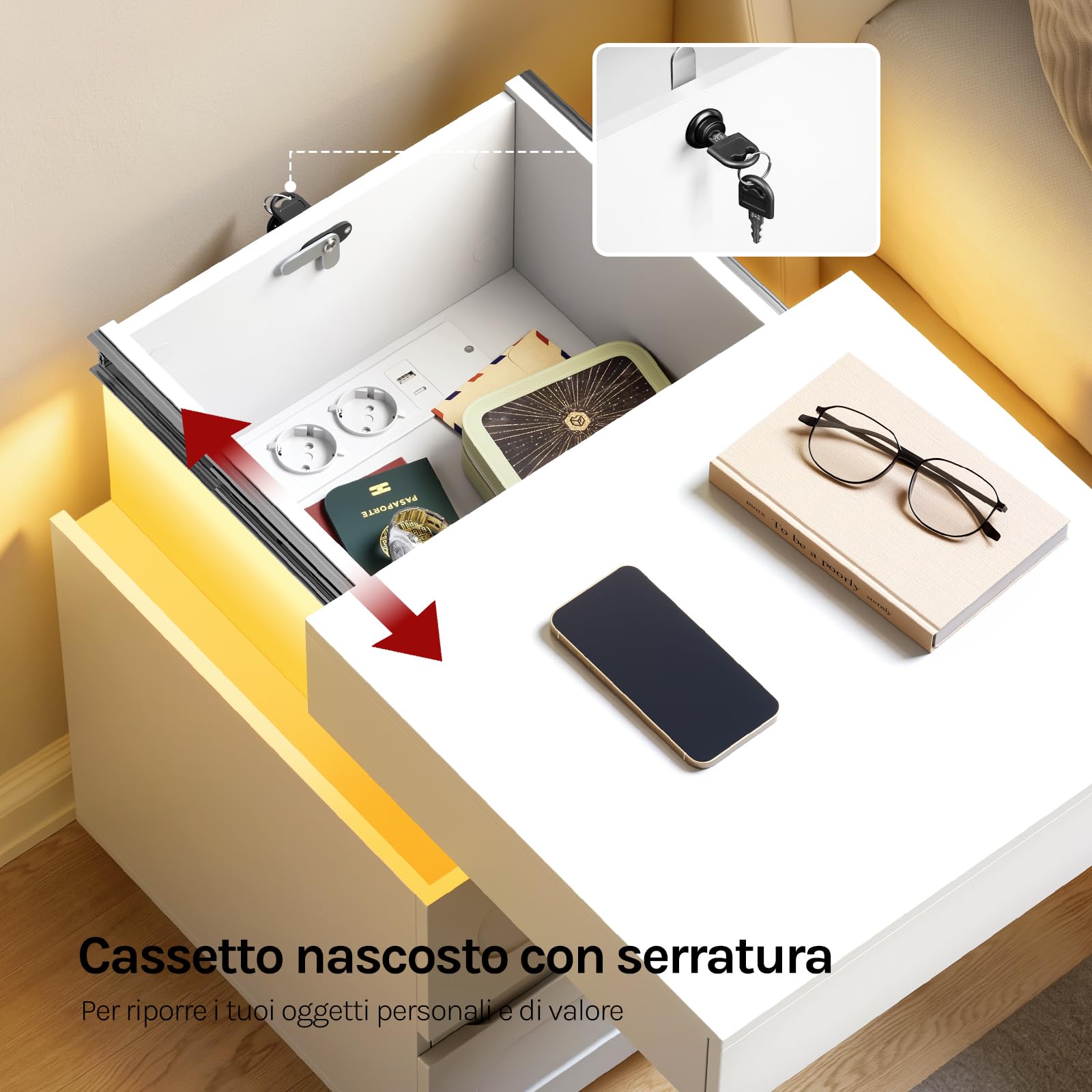 WOLTU Comodino con 2 Cassetti e Scomparto Segreto, Mobile Camera da Letto con Luce e 2 Prese, 1 Porta USB, 1 Porta Type-C, Modalità Musica, Timer, in Stile Moderno, 45x40x58 cm, Bianco