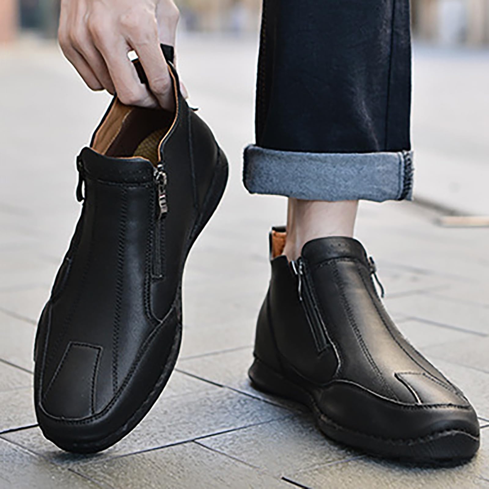 Generisch Lederschuhe Herren Halbhoch Walking Schuhe Herren Breit Outdoorschuhe Ruschfest Fitnessschuhe Flache Sohle Schlupfschuhe Einfarbig Trekkingschuhe Bequem Komfortschuhe Einfarbig Stiefeletten