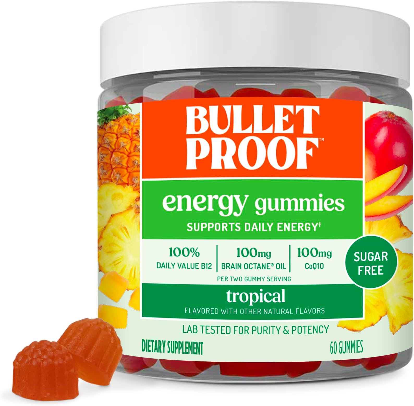 Sugar-Free Tropical Energy Gummies, 60 Count, Supplement for Daily & Sustained Energy with 100mg CoQ10, Daily Value of B12, 100mg Brain Octane Oil