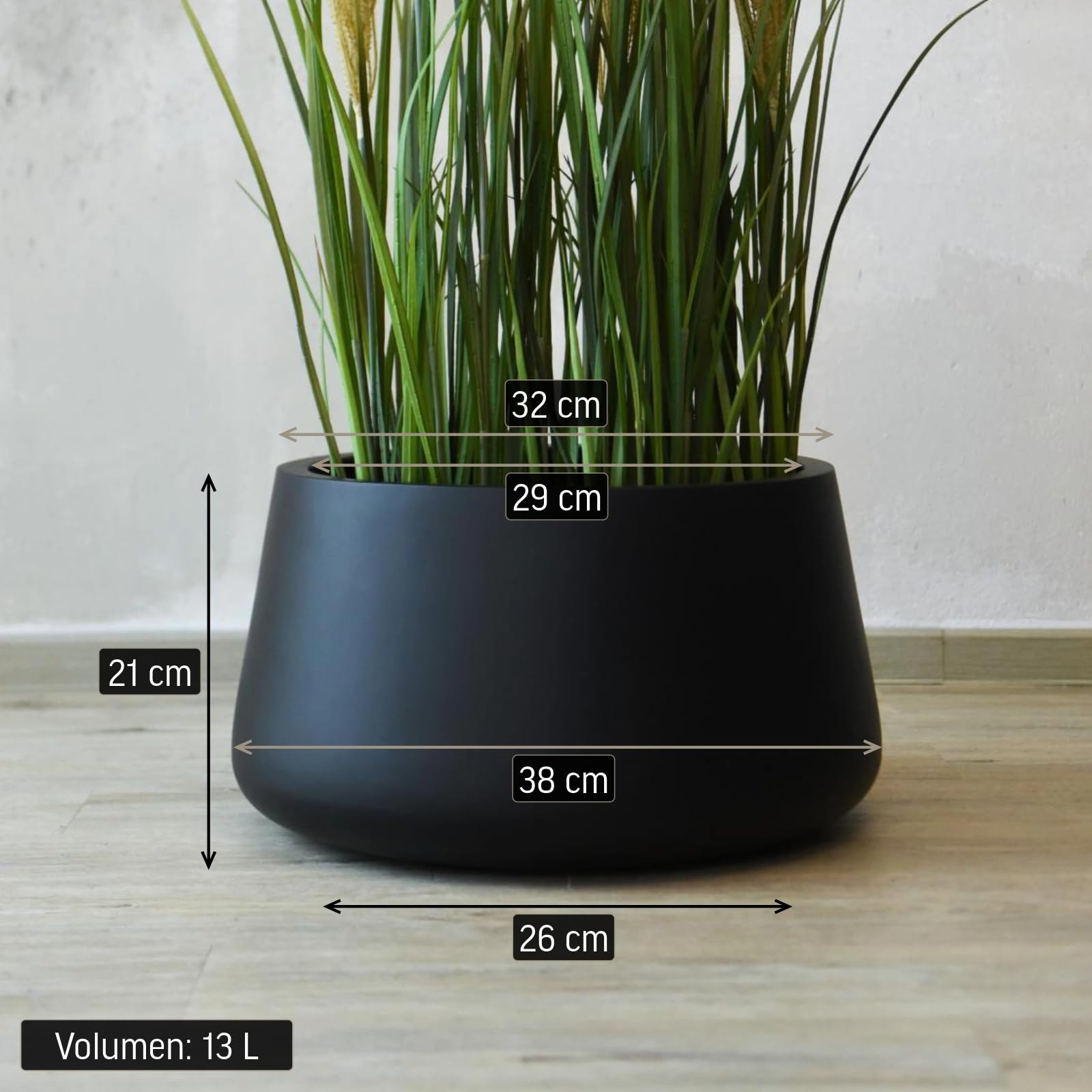 VIVANNO Pflanzentopf Pflanzkübel Fiberglas Gordo 21x32 cm Frostsicher - Blumentopf Bauchig Rund Schwarz Matt Groß Außen, Innen