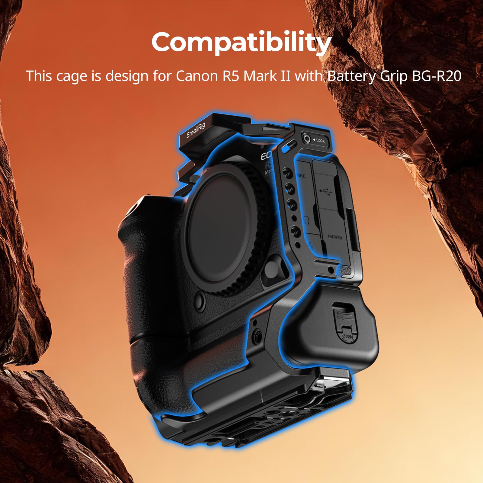 SMALLRIG Klatka R5 Mark II z uchwytem BG-R20 do Canon, pełna klatka z trzypunktową blokadą i mocowaniem na stopce, płytka szybkiego montażu do Arca do zdjęć ze stabilizatorem i statywem - 5623