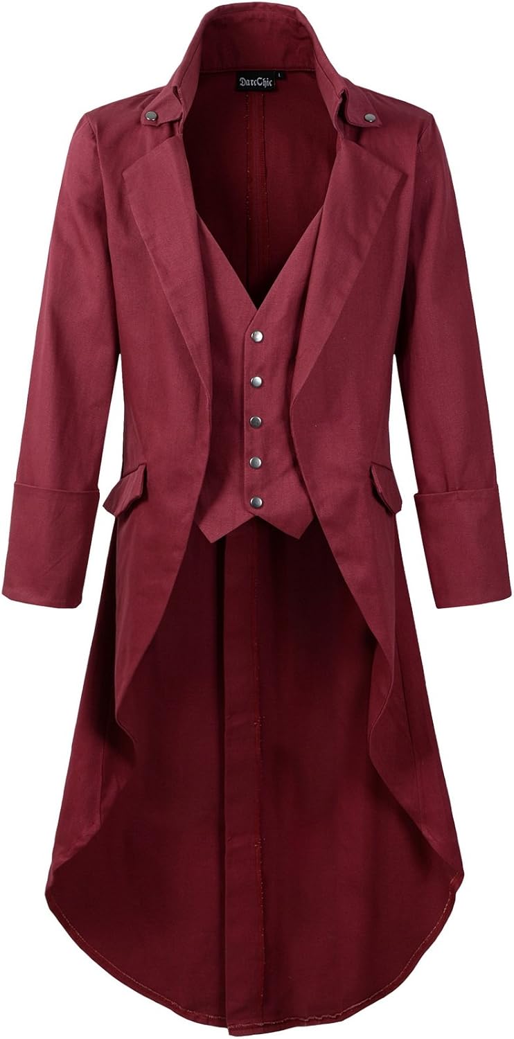 Mens Gothic Tailcoat Jacket Black Steampunk VTG Victorian High Collar Coat (L/L, Burgundy Long)