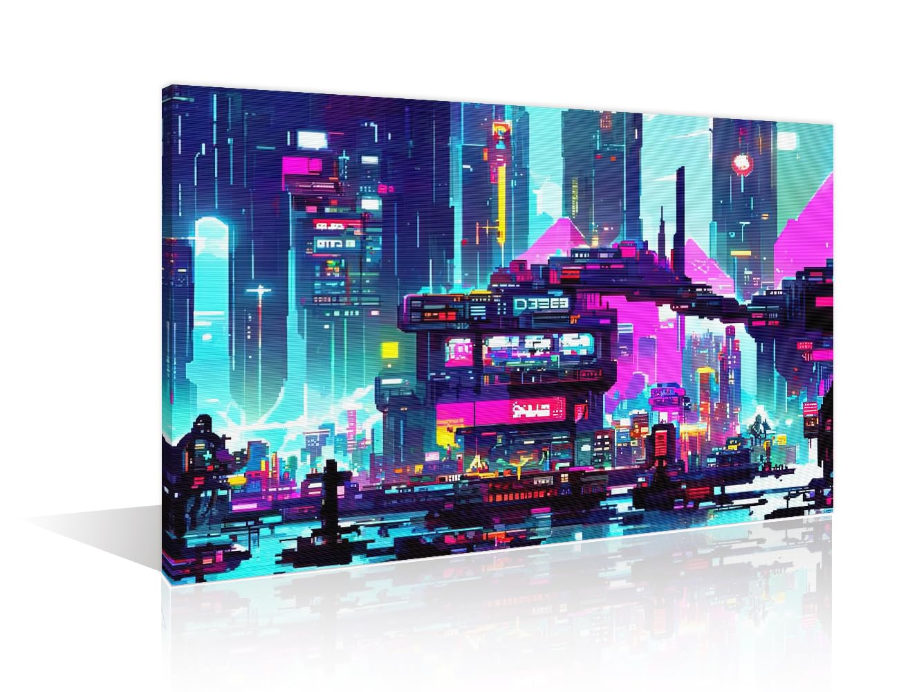 1 Panels 80s Retro Background Modern Art Wall Art Cyberpunk City Street Canvas Prints Art Painting Home Modern Decorations for Living Room Stretched and Framed Ready to Hang, (24" Wx36 H) — image 1