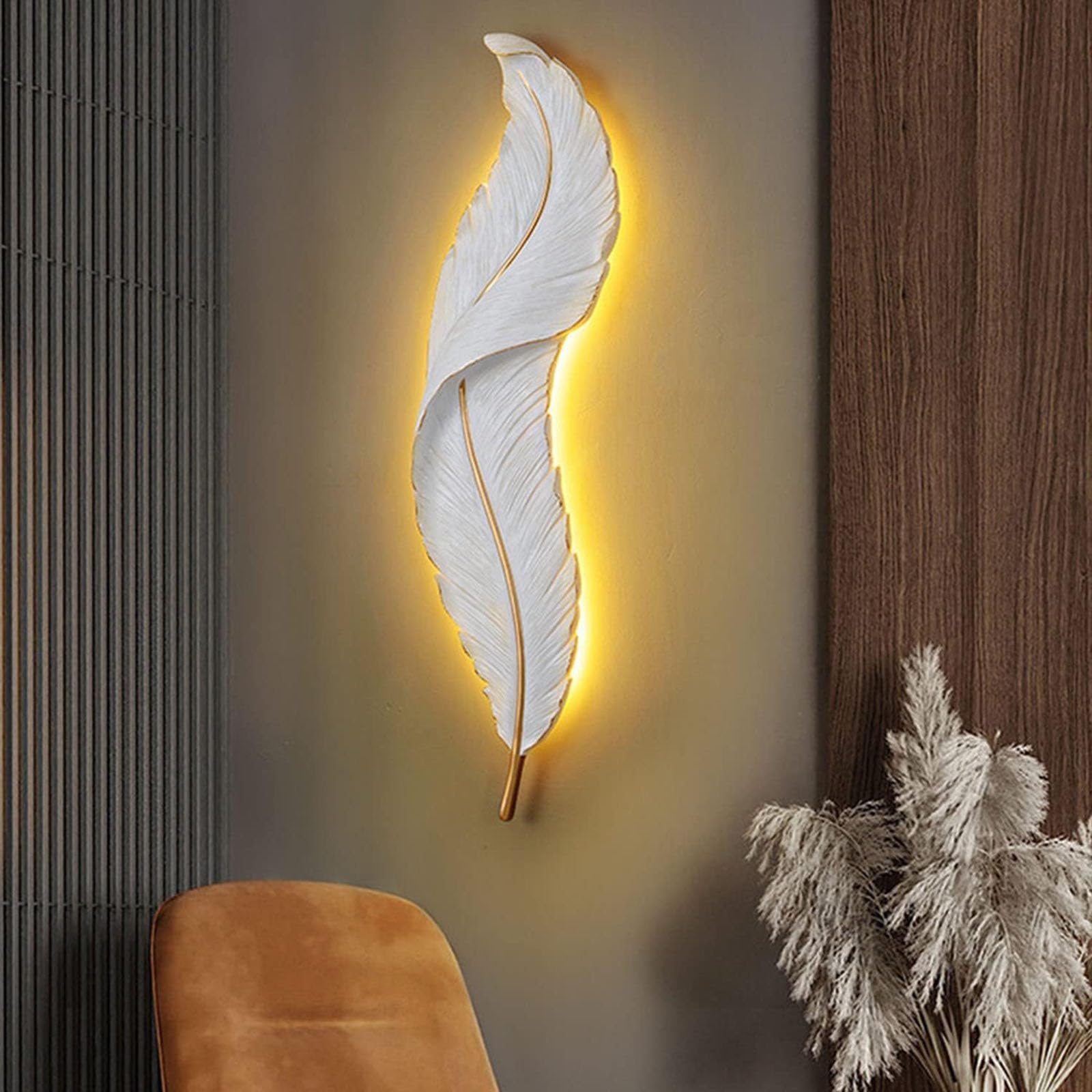 ZWESKUX LED Feather Light Wall Decor, Modern Feather Wall Art Sculpture with Lighting Strip, Luxury Feather Wall Light Art, Large Glowing Feather Decoration for Home Living Room Bedroom,M