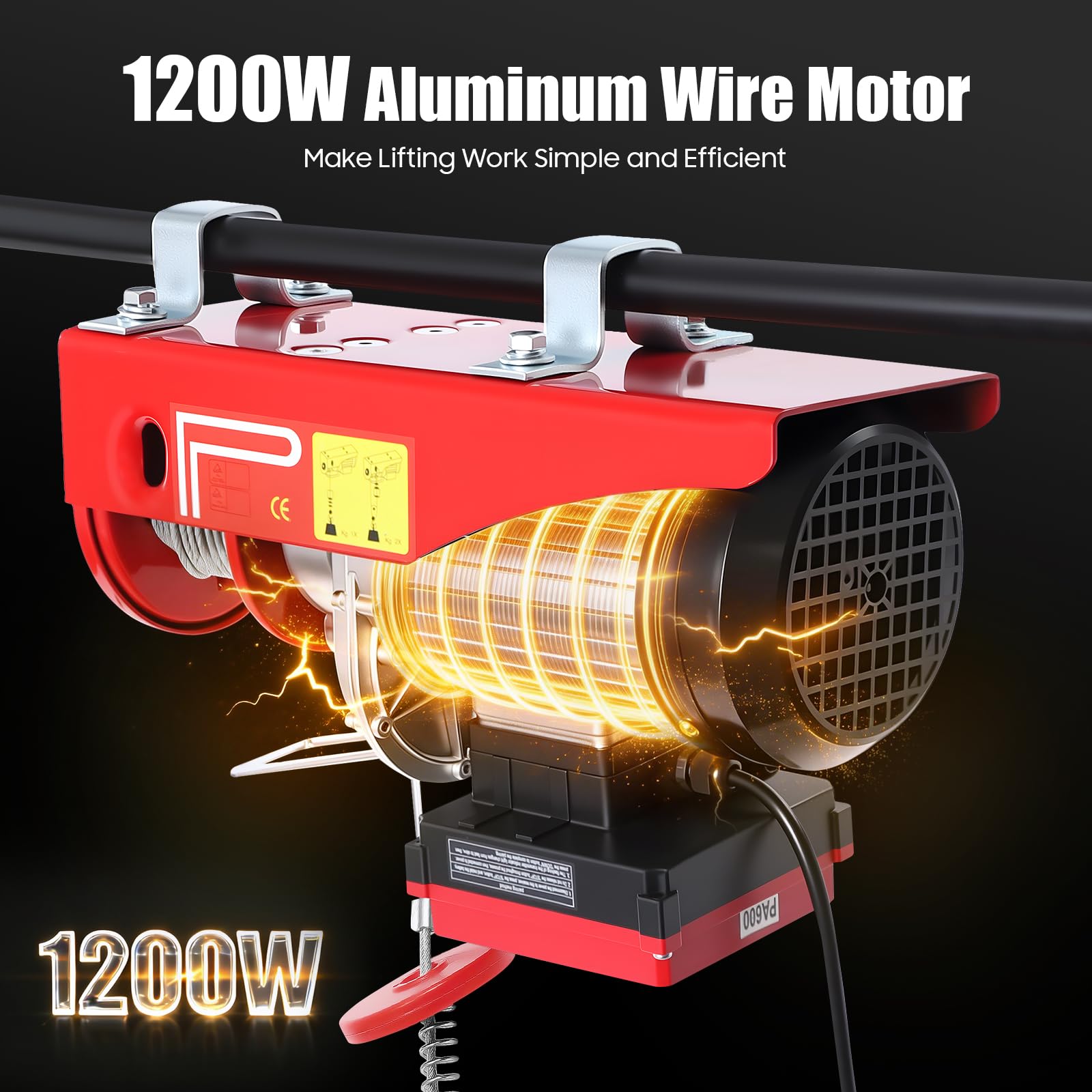 Argano elettrico, verricello elettrico per motore, 1200 W, in alluminio, altezza di sollevamento 12 m, 5/10 m/min, dispositivo di sollevamento da 300 kg a 600 kg, paranco a catena con telecomando per