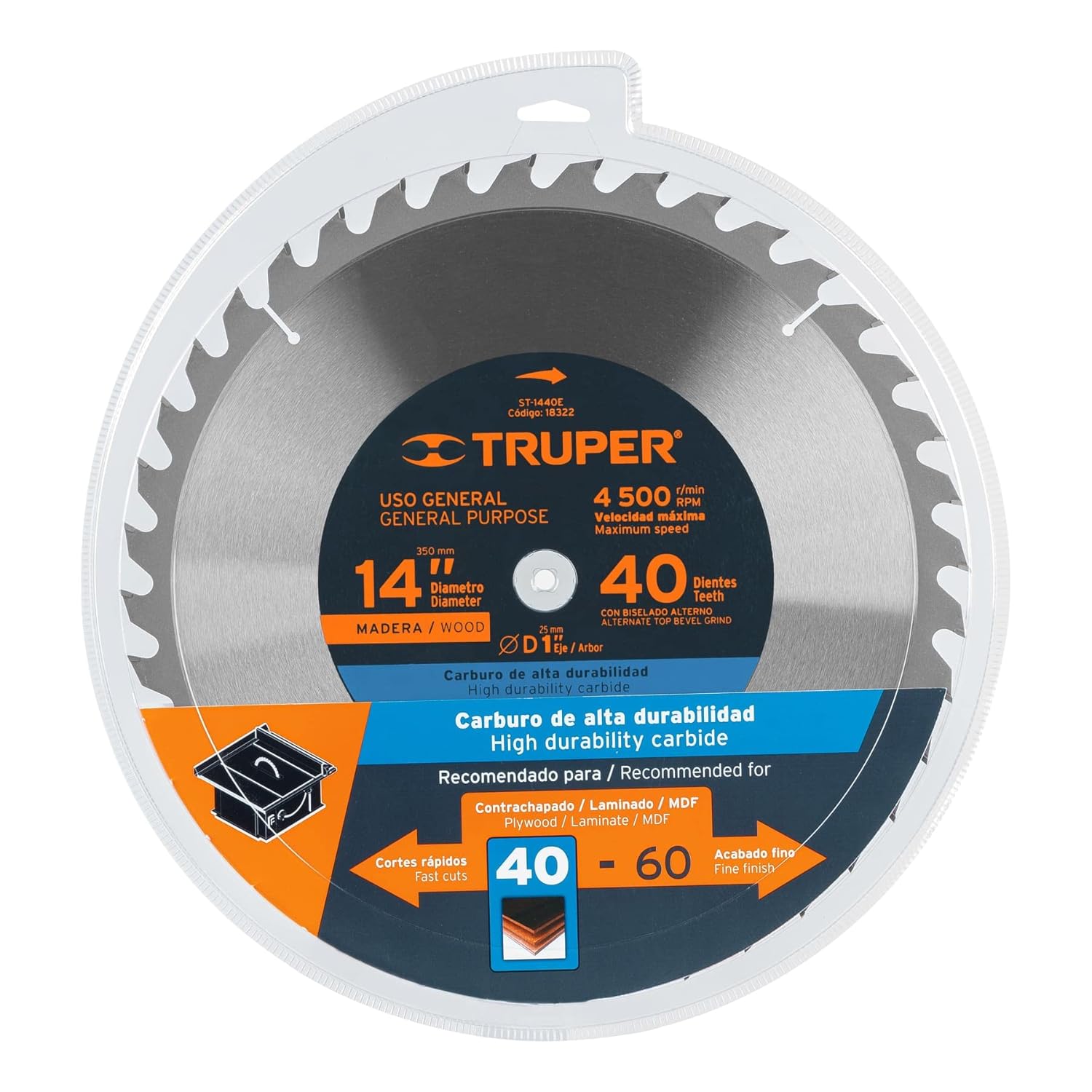TRUPER ST-1440E 14" Wood Cutting Saw Blades, 40 teeth, center 1