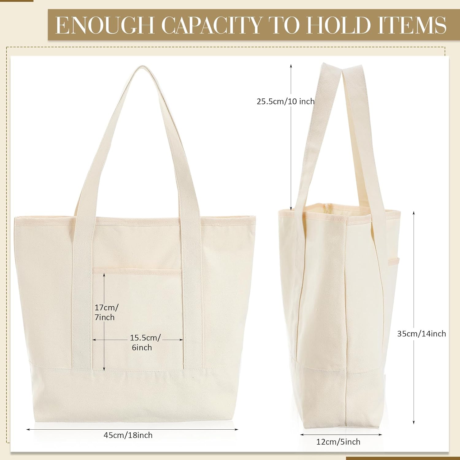 Reginary Canvas Tote Bags Bulk with Outer Pocket 18 Inch Reusable Shopping Grocery Blank Tote Bag for Women Mother DIY