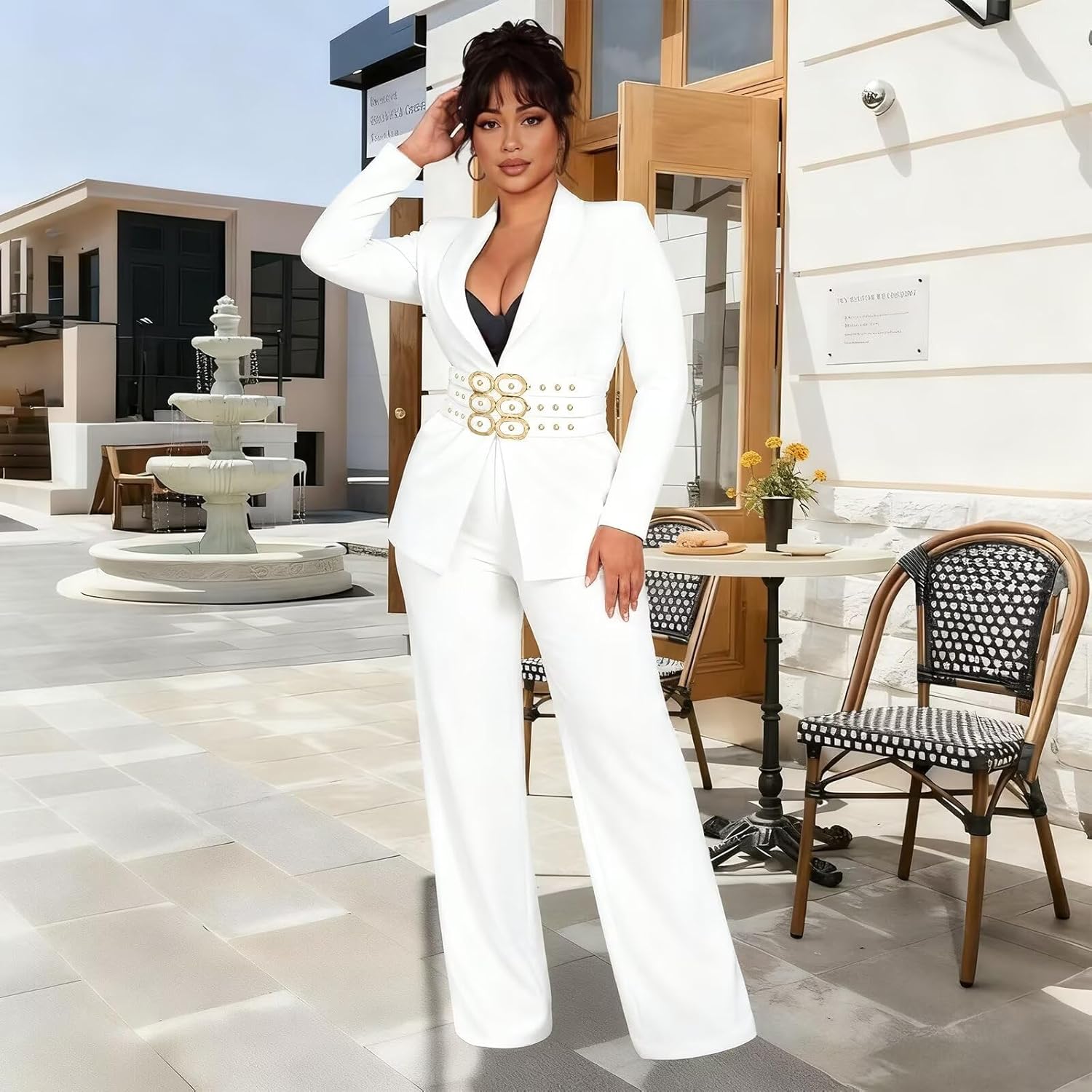 Womens Suits Thick Long Sleeve Belted Blazer and Pants Set Business Casual Interview Outfits with Pockets